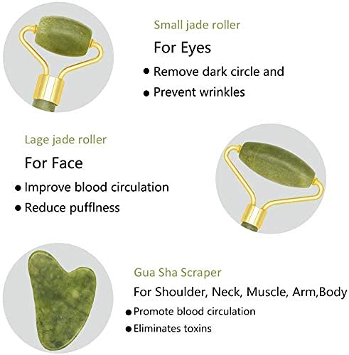 Jade Roller & Gua Sha Scraper Set - Natural Jade Facial Massage Tool for Anti-Aging, Puffiness Relief & Skin Tightening - Includes Face, Neck & Eye Massager - Perfect for Skincare Routine & Relaxation Therapy