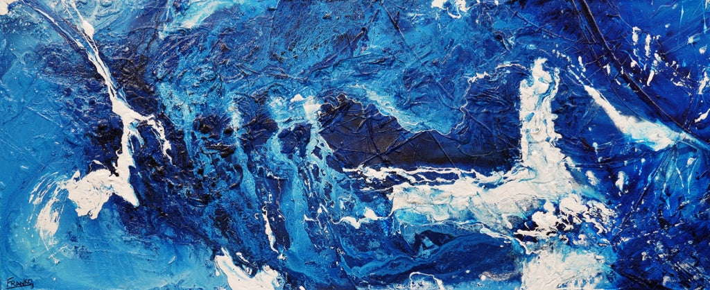 240cm x 100cm Blue and White Textured Abstract Ocean Painting - Sapphire Seas Wall Art for Living Room, Bedroom or Office Decor