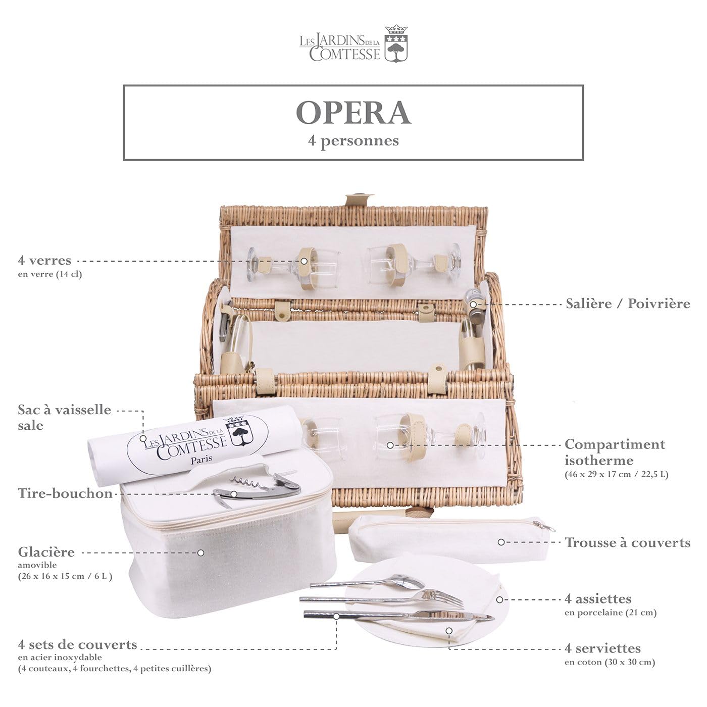Les Jardins de la Comtesse Round Opera Picnic Basket for 4 People - Complete Dishware Set & Removable Insulated Cooler - Handwoven Natural Wicker - Beige Fabric - 47 x 30 x 30 cm - Perfect for Outdoor Picnics, Beach Trips & Romantic Getaways