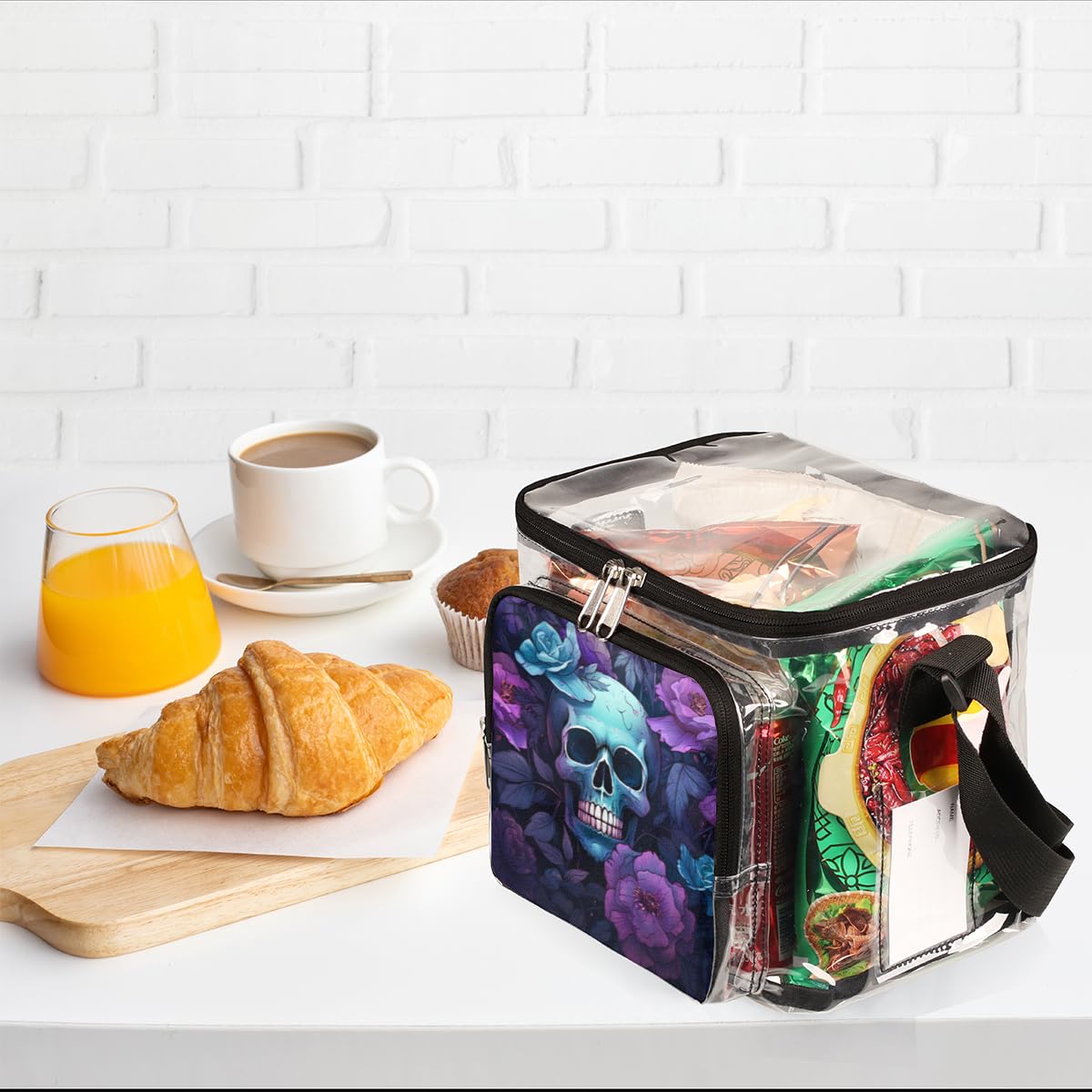 Skull Floral Transparent Tote Bag with Handles - Clear Crossbody Shoulder Bag for Lunch, Travel & Outdoor Activities | Perfect for Picnics, Concerts, Sports Events & Stadium Approved | Fashionable Sugar Skull Design
