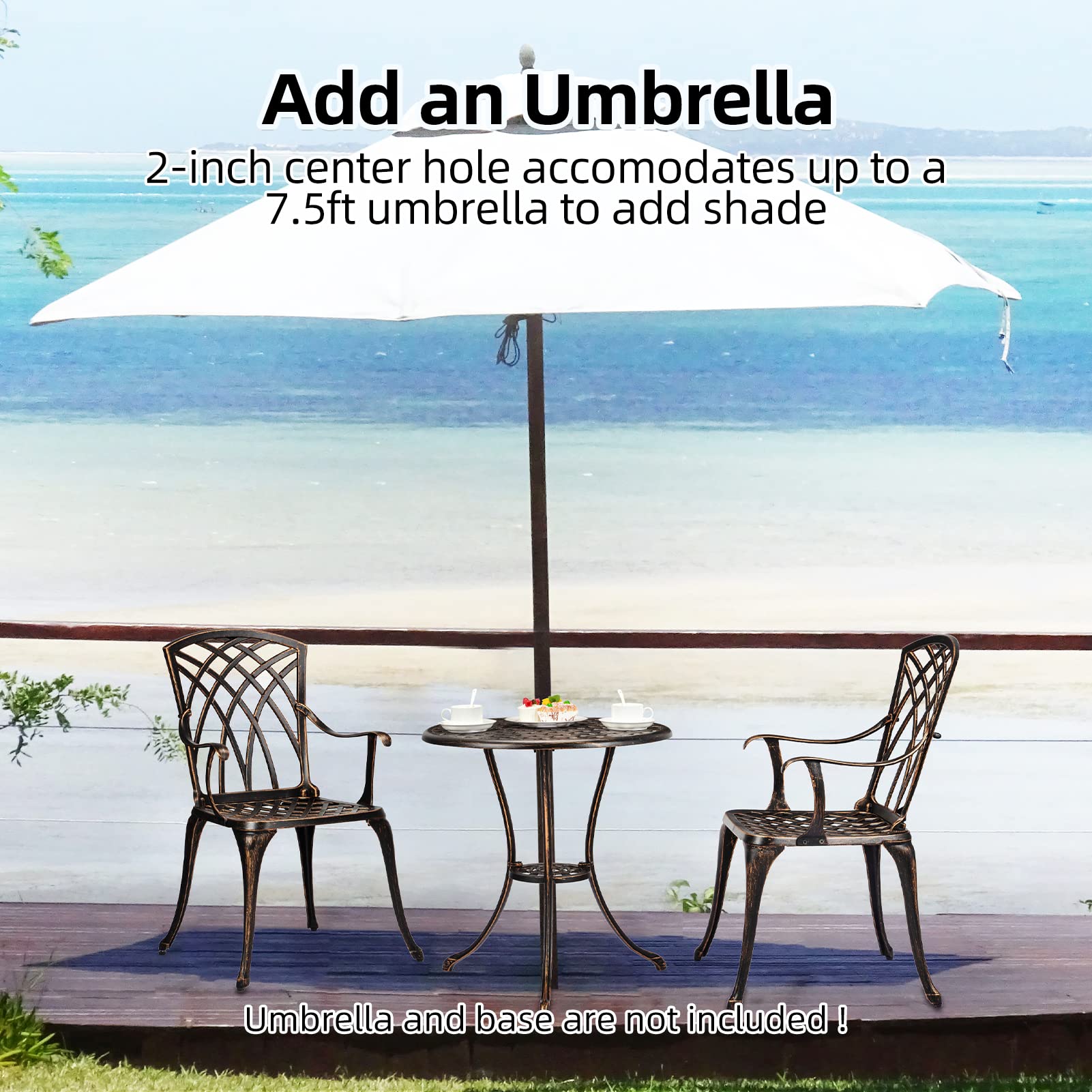 IDEALHOUSE 3-Piece Cast Aluminum Patio Bistro Set with Umbrella Hole - Rust-Resistant Outdoor Dining Table and Chairs for Garden, Backyard, Balcony - Indoor/Outdoor Use - Perfect for Morning Coffee, Outdoor Dining and Relaxing in Your Patio
