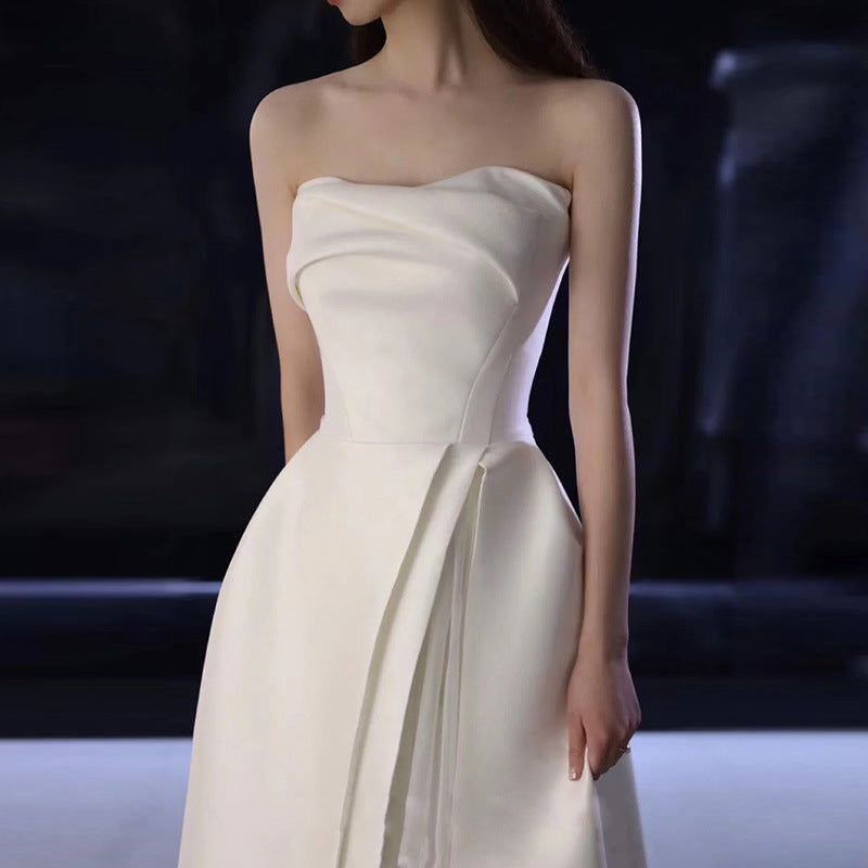 Elegant French Style Strapless Wedding Dress - Satin White Long Prom Gown for Brides & Formal Events - Perfect for Weddings, Proms, and Evening Galas