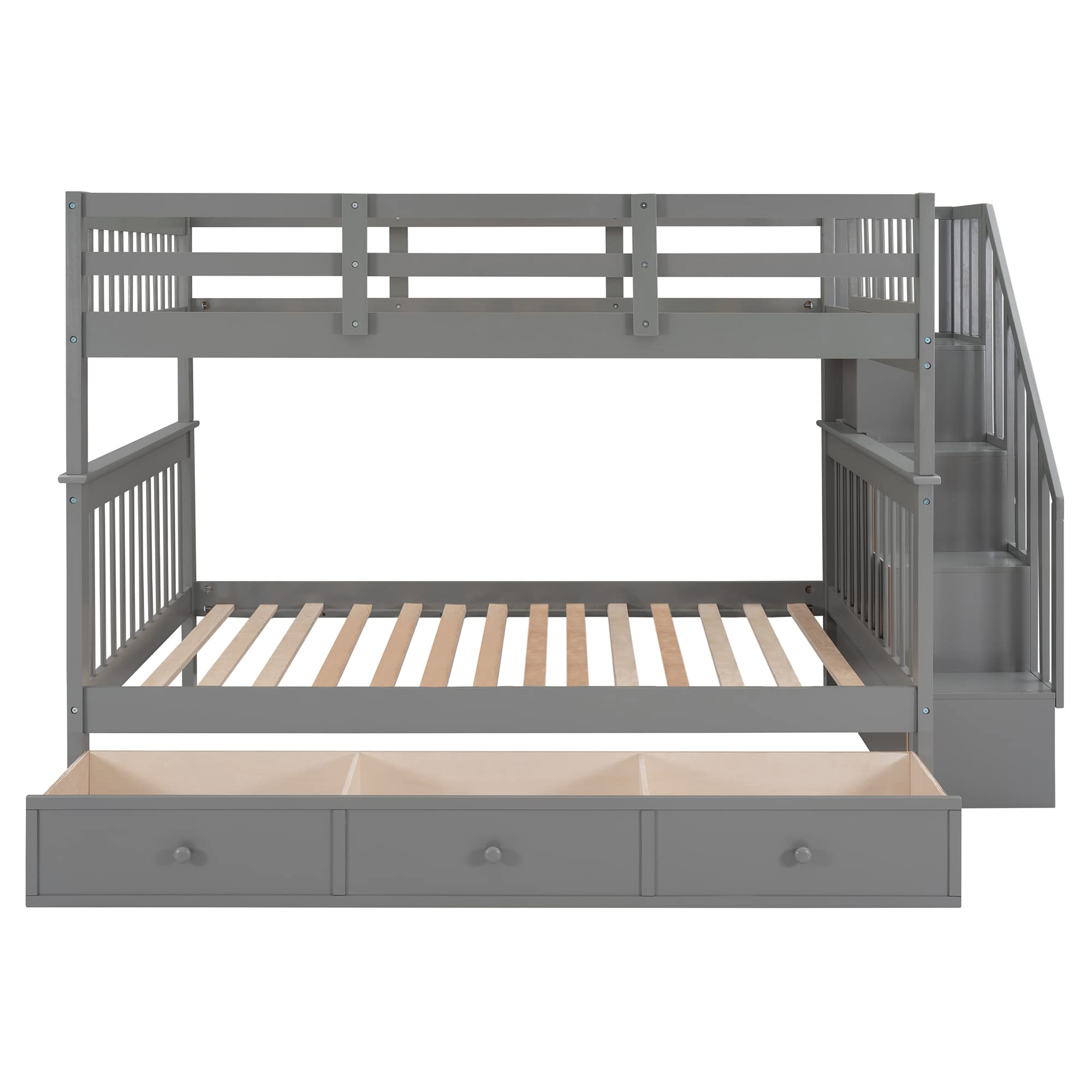 P PURLOVE Full Over Full Bunk Bed with Storage & Stairs - Convertible to 2 Twin Beds for Teens & Adults - Space Saving Solution for Small Rooms