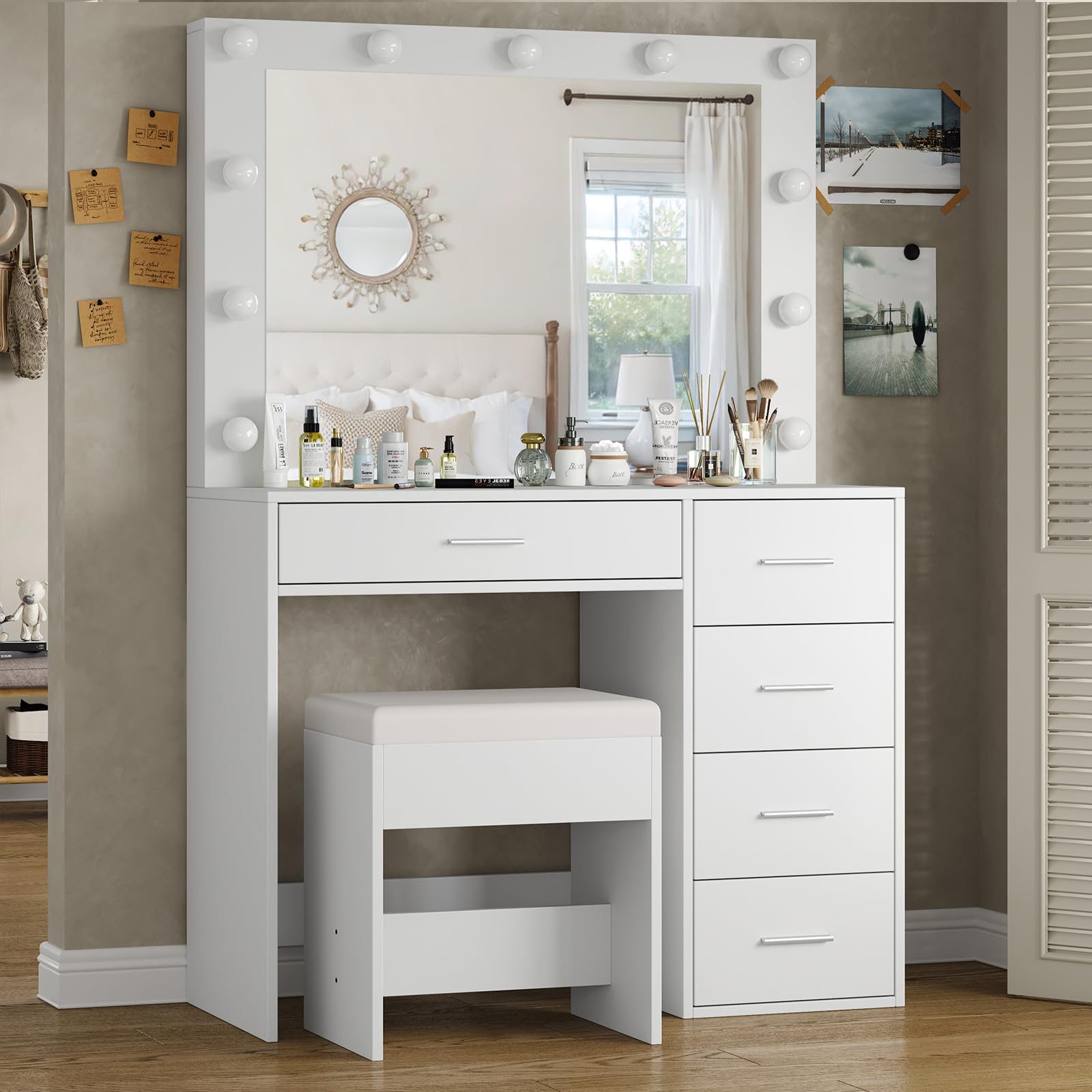 Yanosaku Vanity Desk with Mirror & 11 LED Lights - 5-Drawer Makeup Table Set with Adjustable Chair & 3 Lighting Modes - Brightness Adjustable Dressing Table for Bedroom, Studio, Home Salon & Beauty Room