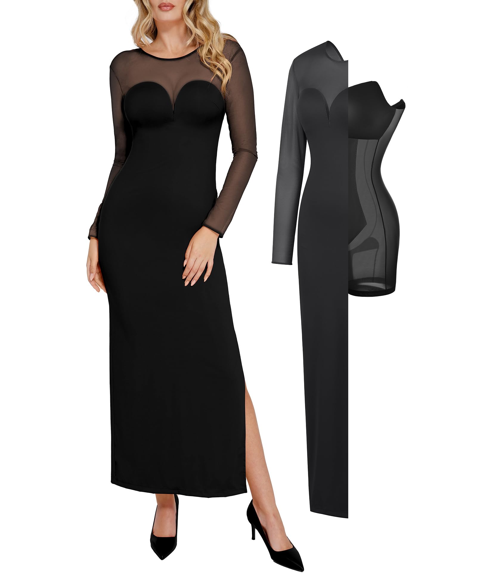 Popilush Women's Long Sleeve Mesh Shapewear Maxi Dress - Slim Fit Bodycon Prom Gown for Wedding, Party & Fall Events | Elegant Black Formal Evening Dress for Special Occasions