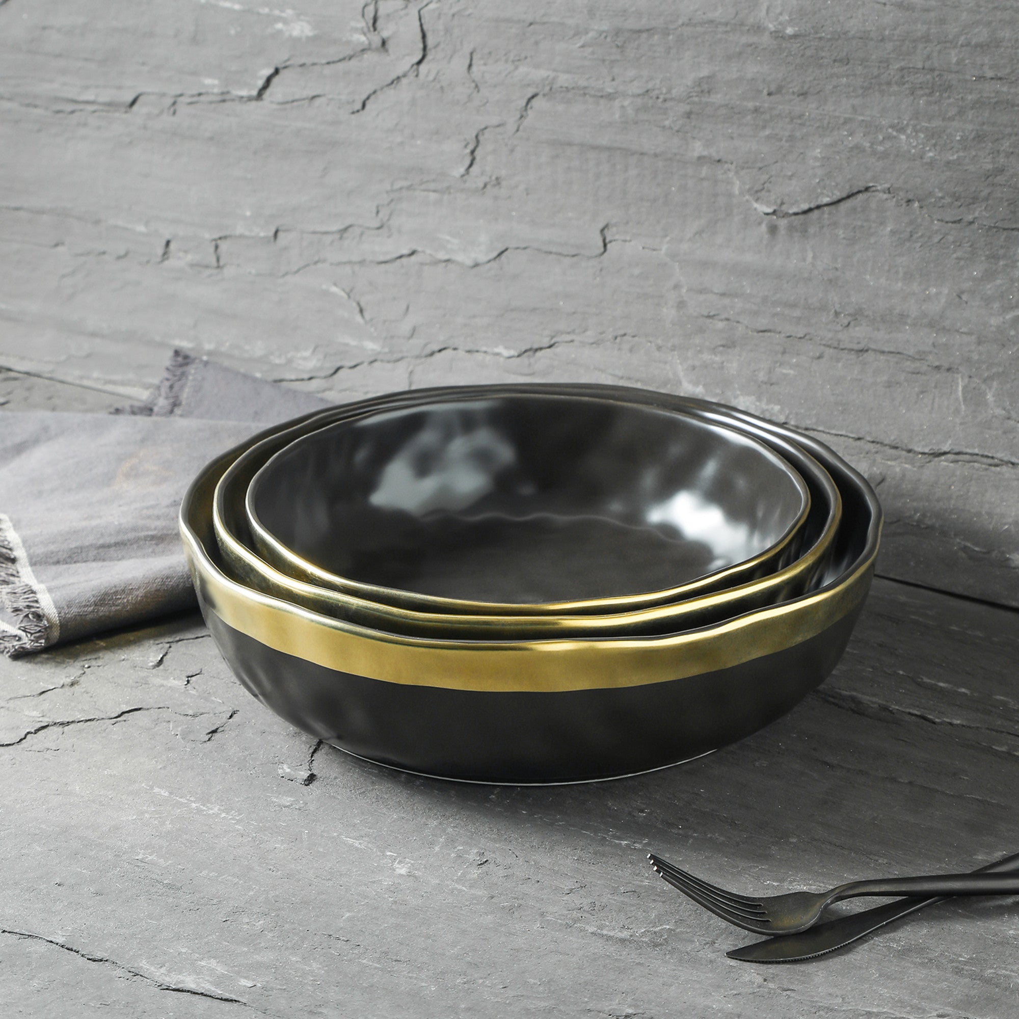Florian Porcelain Dinner Bowl Set - 6-Piece Black Ceramic Bowls for Soup, Salad & Dessert | Elegant Tableware for Home Dining & Entertaining