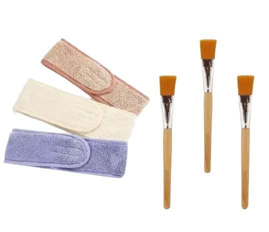 ZAUKY 3-Piece Adjustable Makeup Headband with Magic Tape | Sweat-Absorbent Hair Towel & 3 Face Mask Applicator Brushes | Combo Pack (Multicolor) | Perfect for Spa, Skincare Routine & At-Home Beauty Treatments