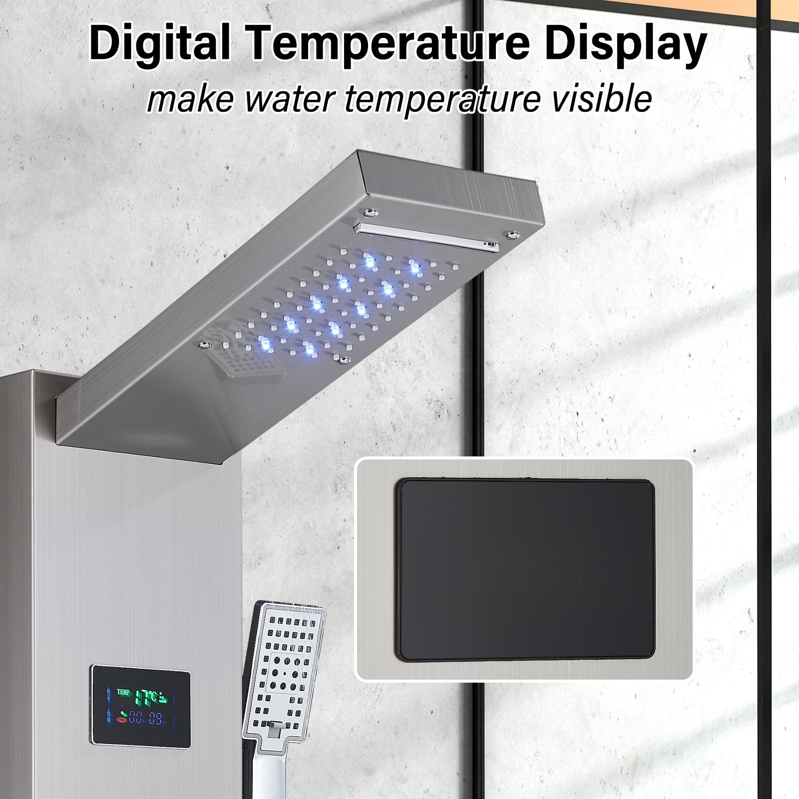 NeierThodore LED Rainfall Shower Panel - Multi-Function Shower Tower System with Massage Jets, Handheld Sprayer & Temperature Display in Brushed Nickel - Perfect for Spa-Like Bathroom Upgrades and Luxury Home Renovations