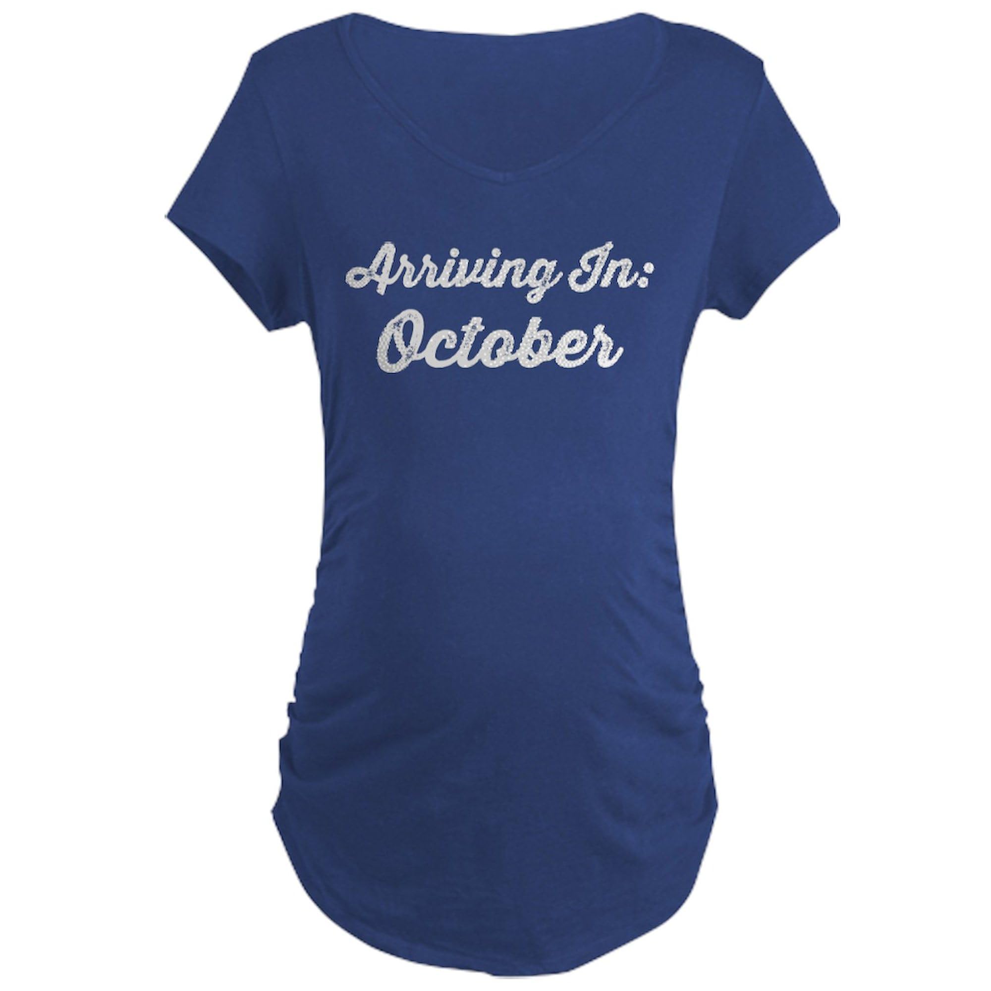 Arriving in October Due Date Maternity T-Shirt - Women's Ruched Side Dark Maternity Tee for Pregnancy Announcements & Baby Shower Gifts
