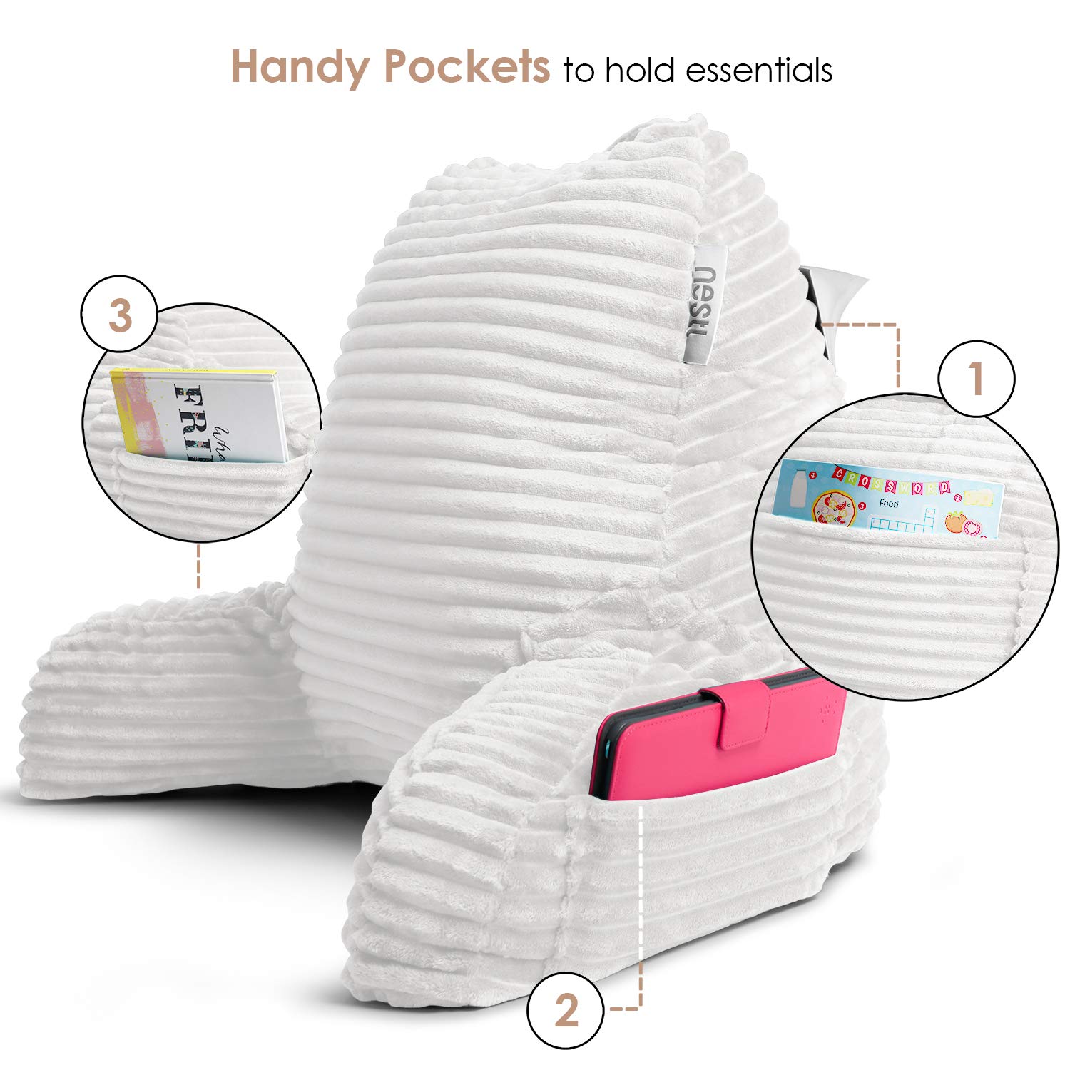 Nestl Reading Pillow for Adults - Plush Back Support Pillow with Shredded Memory Foam, Armrests & Storage Pockets - Perfect for Reading in Bed, Watching TV or Relaxing - White Bed Rest Pillow