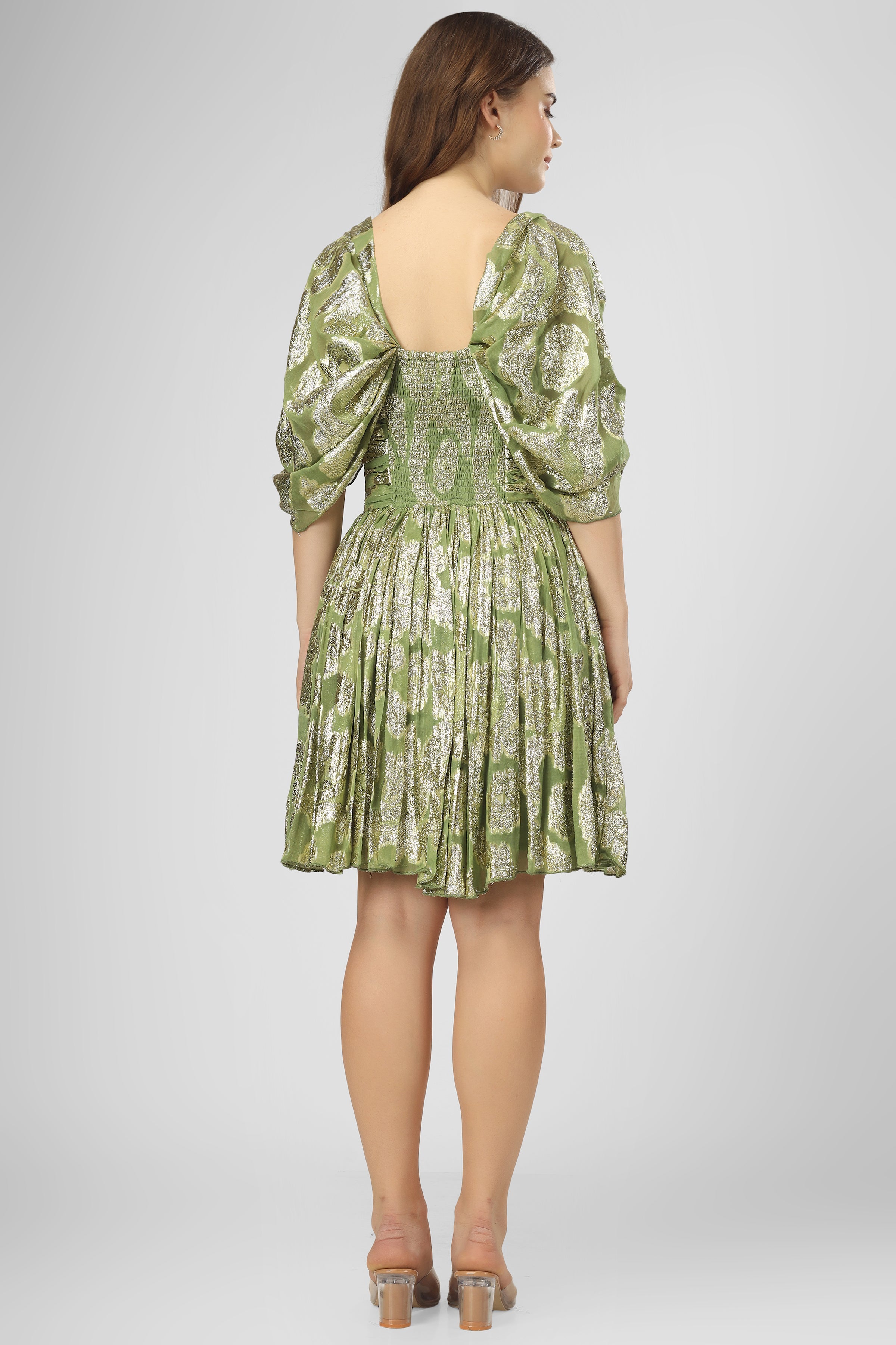 Sydney Metallic Printed Mini Dress in Olive Green - Women's Fashion Party Cocktail Dress for Night Out, Date Night, and Special Occasions