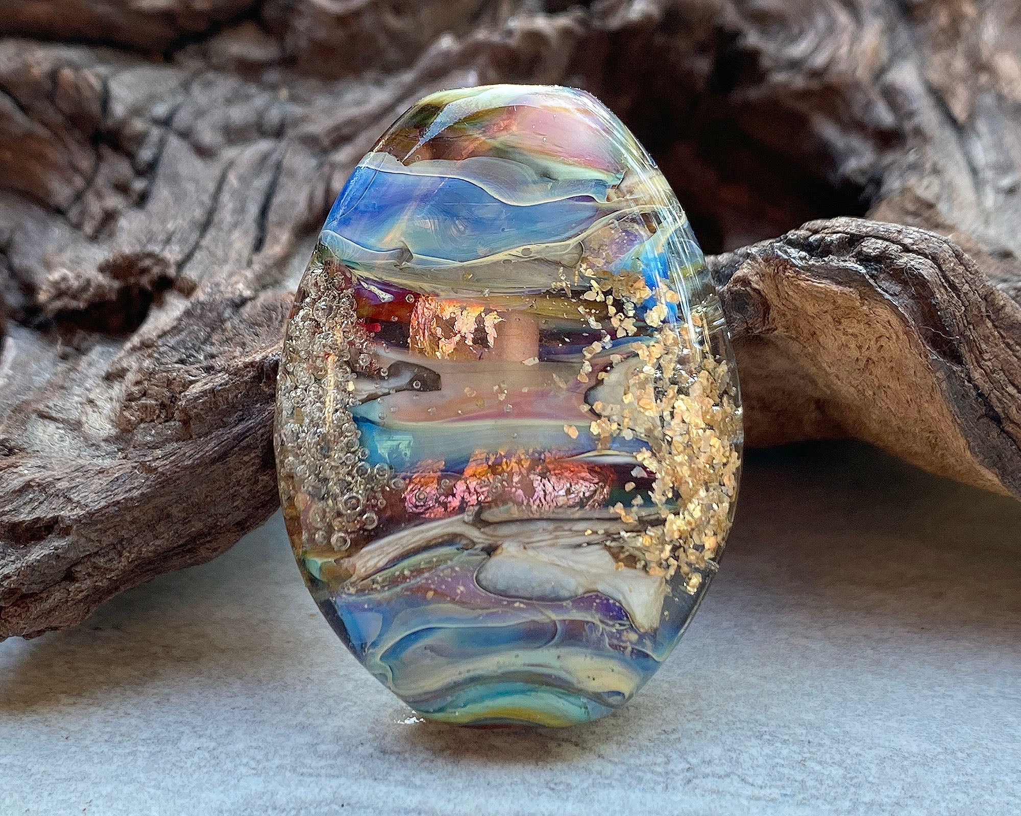 Blue Gold Mica Organic Lampwork Focal Bead SRA - Handmade Glass Bead for Jewelry Making, DIY Crafts & Beading Projects