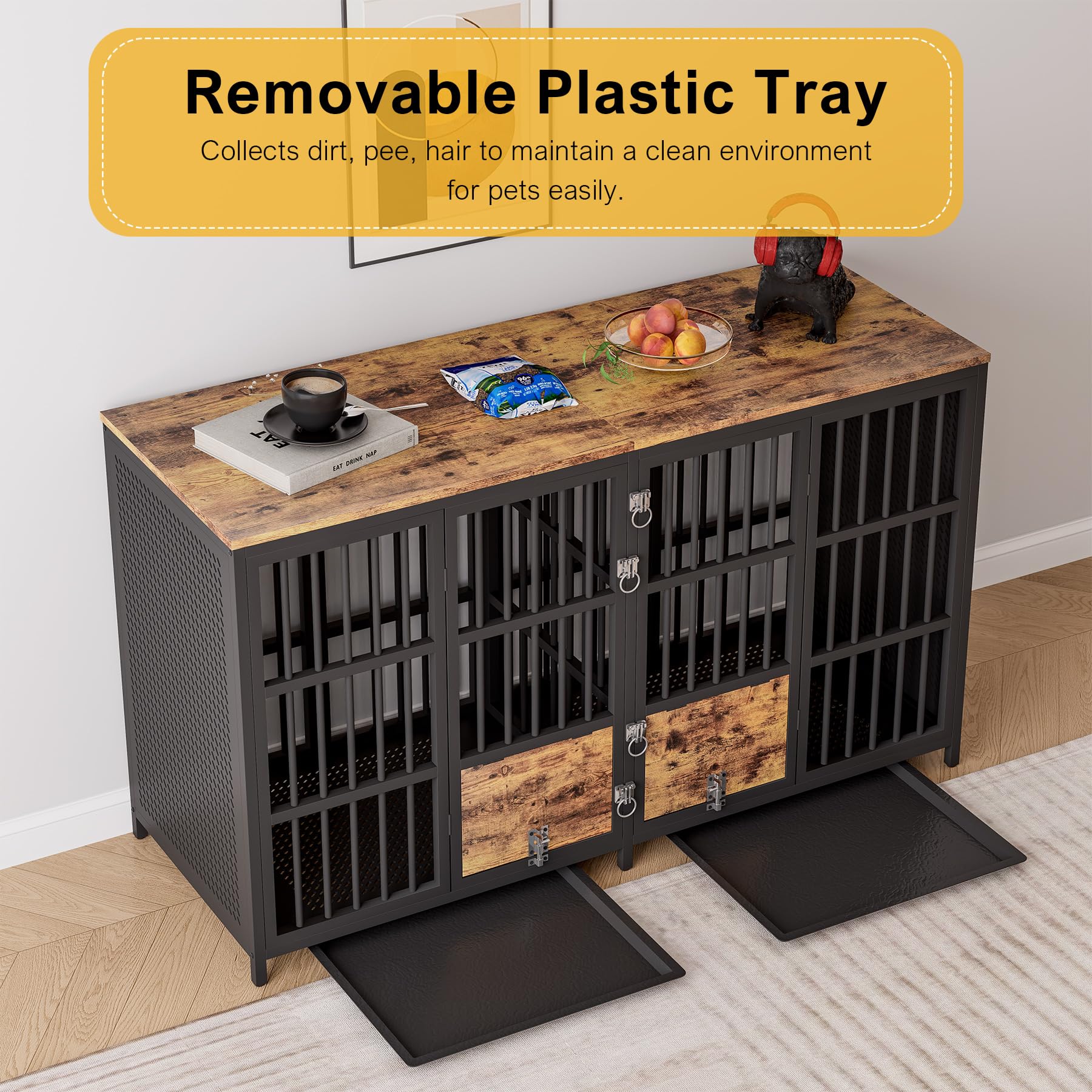 BOINN 63 Inch Large Dog Crate Furniture - Heavy Duty Double Dog Kennel with Divider & Removable Trays for Medium to Large Dogs | Perfect for Living Room, Bedroom or Office Pet Containment