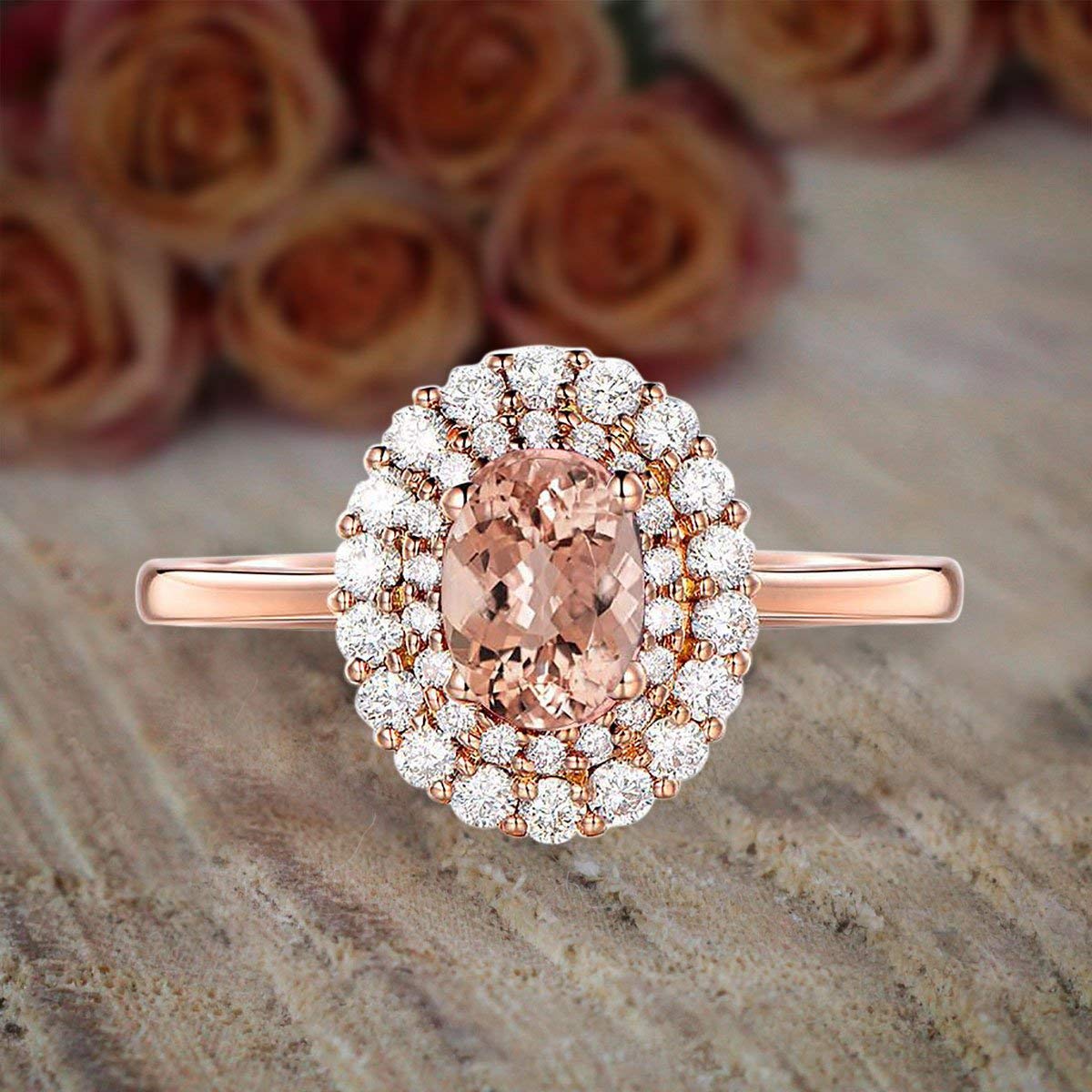 1.50 Carat Morganite & Diamond Double Halo Engagement Ring in 18K Gold Plating - Limited Time Sale - Perfect for Proposals, Weddings & Anniversary Gifts