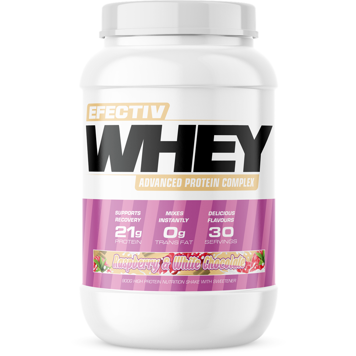 Efectiv Nutrition Whey Protein Powder 900g - Raspberry White Chocolate Flavor - High Protein Supplement for Muscle Recovery & Workout - Perfect for Post-Workout Shakes & Healthy Snacks