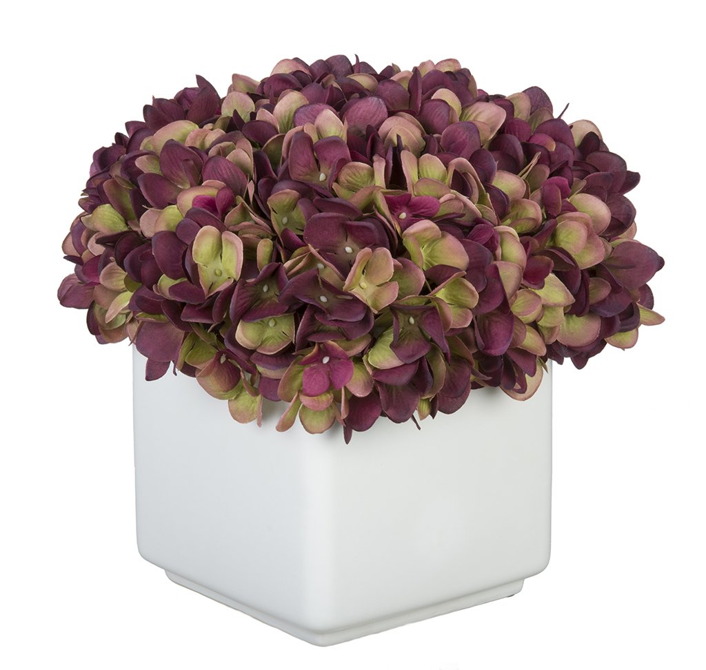 Premium Artificial Hydrangea Flowers in Large White Ceramic Cube Vase - Elegant Home Decor for Living Room, Wedding Centerpiece, Office Desk (Plum/Sage)