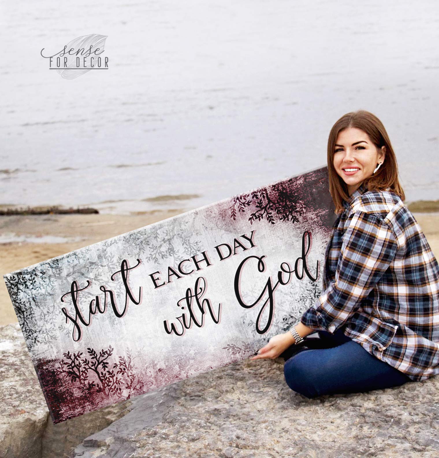 Inspirational Religious Wall Art Decor - Start Each Day With God Positive Quotes Spiritual Room Decor for Bedroom (Wine Red, 42x19) - Perfect for Home, Office & Prayer Space