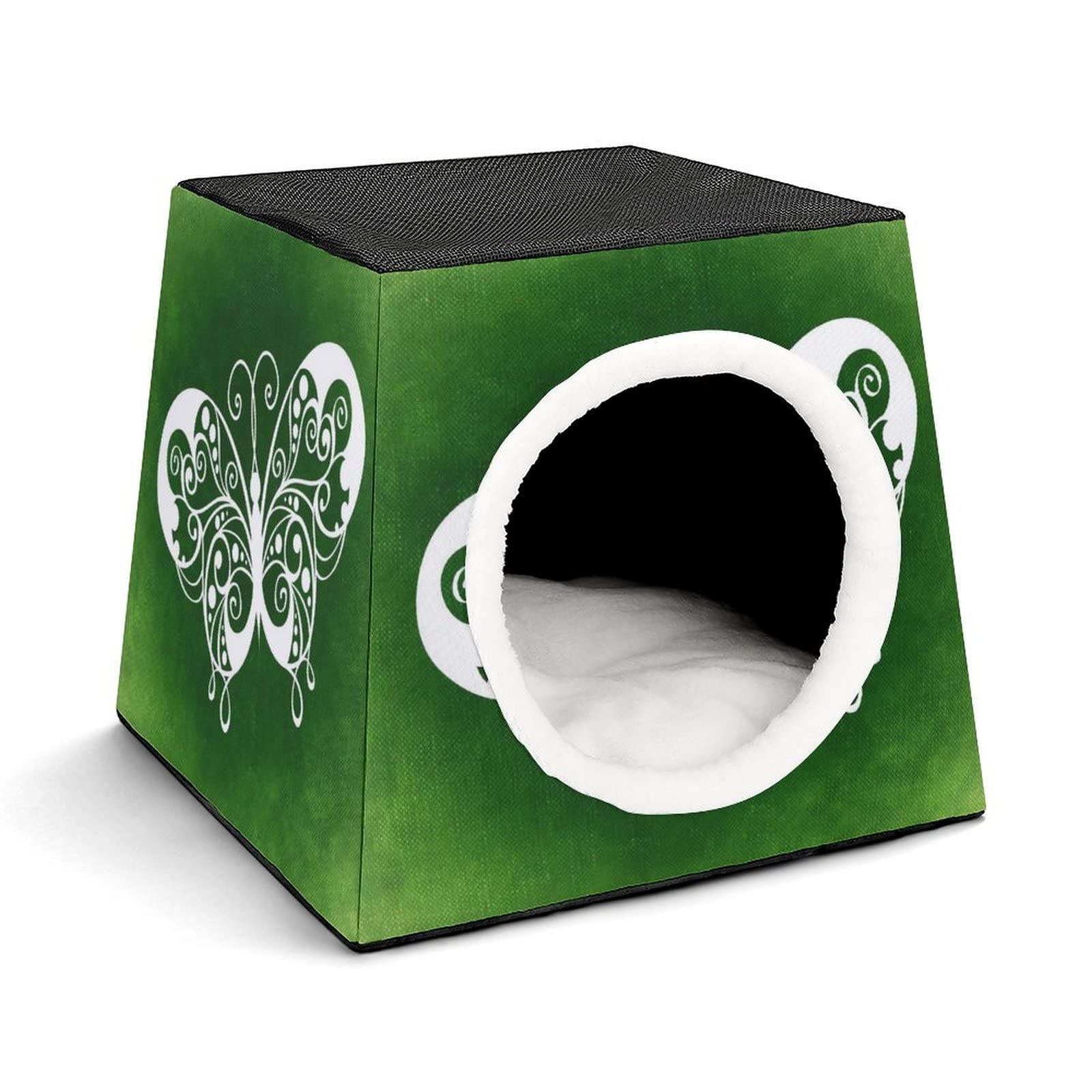 Printed Cat Houses & Condos - Foldable Cat Cube Bed with Removable Pillow, Green Butterfly Design | Cozy Pet Furniture for Indoor Cats, Perfect for Lounging & Napping in Living Room or Bedroom