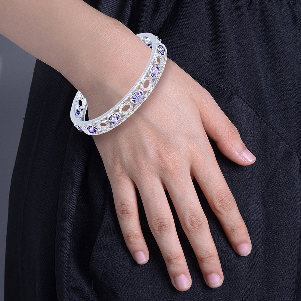 5.70 Carat Total Weight (cttw) Purple Amethyst & Diamond Eternity Bangle Bracelet in Brass with Rhodium Plating - Elegant Jewelry for Weddings, Anniversaries & Special Occasions