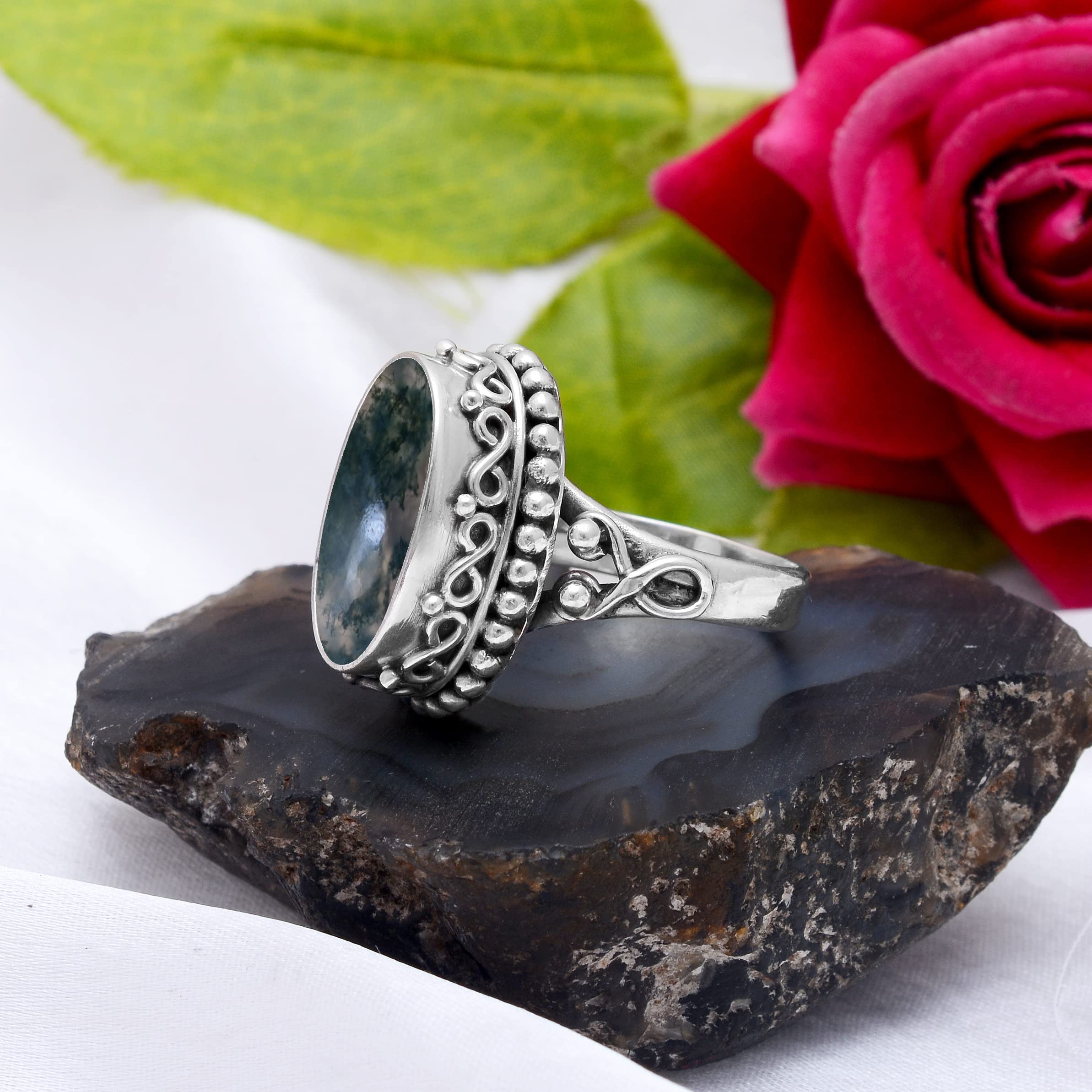 Veracity Jewelry Moss Agate Rings for Women - 925 Sterling Silver Healing Meditation Rings with Natural Green Gray Moss Agate Gemstone - VSR-328 | Spiritual Jewelry, Yoga Accessories, Mindful Gift for Her