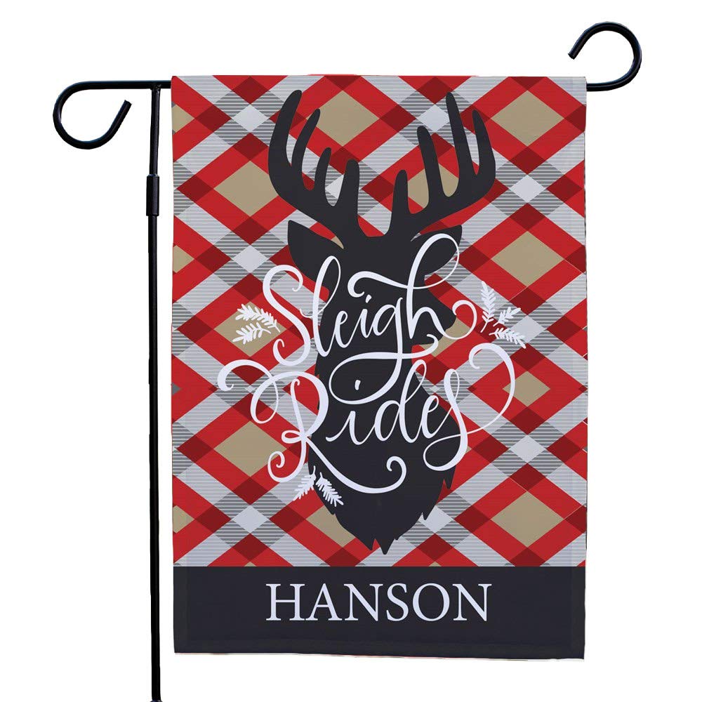 Personalized Plaid Christmas Garden Flag - Custom Sleigh Rides Holiday Decoration for Outdoor Yard & Seasonal Home Décor | Perfect for Front Porch, Lawn Display & Festive Holiday Decorating