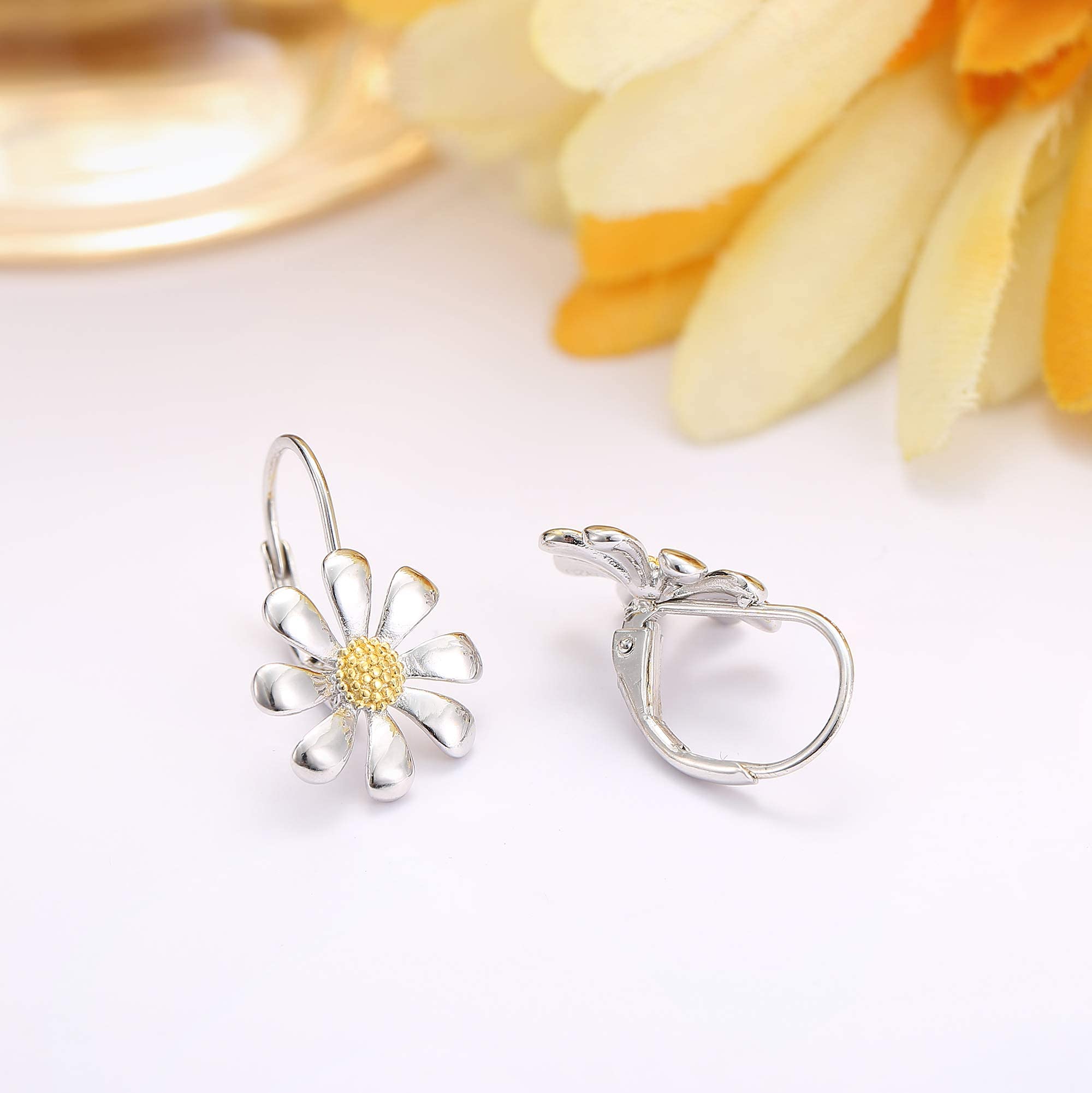 KRFY Daisy Earrings - 925 Sterling Silver Flower Dangle Earrings with 18K White Gold Plating, Elegant Leverback Drop Earrings for Women | Perfect for Weddings, Parties & Everyday Wear