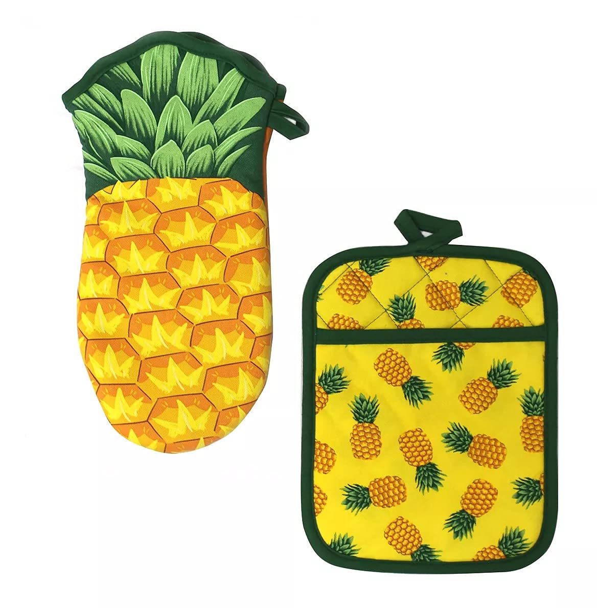Pineapple Themed Oven Mitt and Pot Holder Set - Heat Resistant Cotton Kitchen Accessories for Baking, Cooking & BBQ - Summer Party & Tropical Home Decor