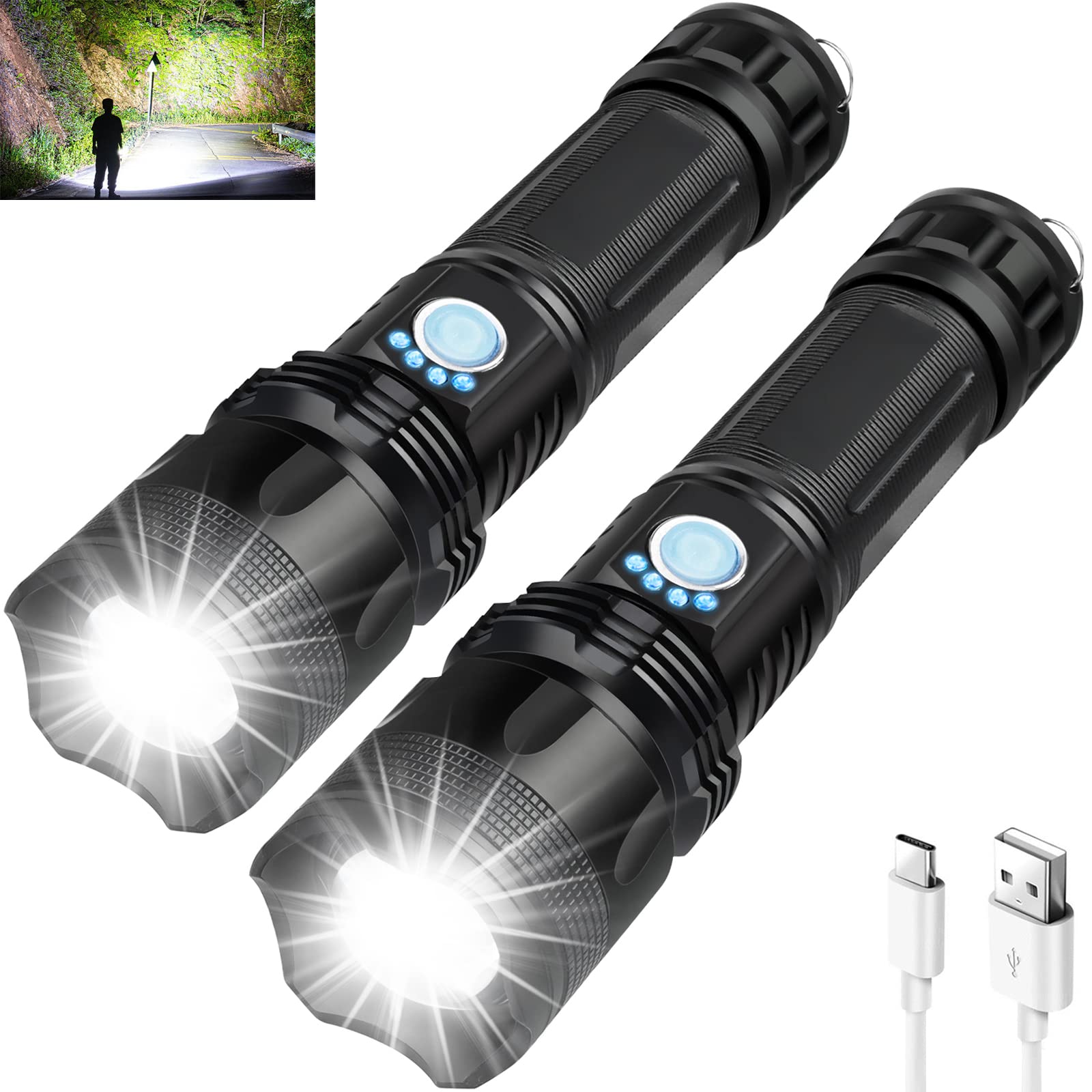 AXRUNZE 100,000 Lumen Rechargeable Flashlight - Super Bright LED Torch with 5 Lighting Modes, Zoomable & IPX5 Waterproof - Ideal for Hiking, Camping, Emergency, Outdoor Adventures & Power Outages