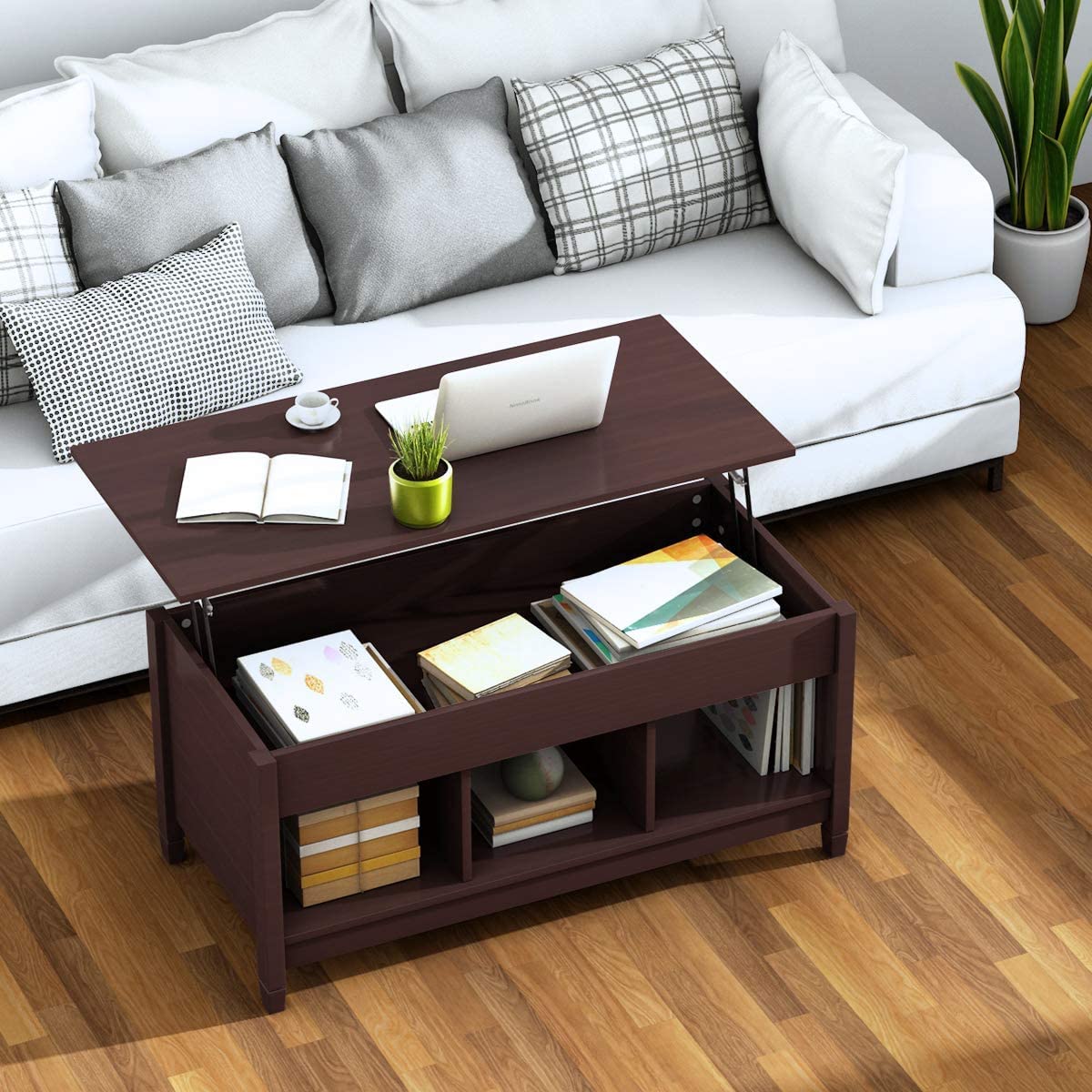 Modern Moccha Wood Lift Top Coffee Table with Hidden Storage & Open Shelf - Espresso Finish for Living Room, Office & Reception Areas | Space-Saving Pop-Up Design for Dining, Working & Entertaining
