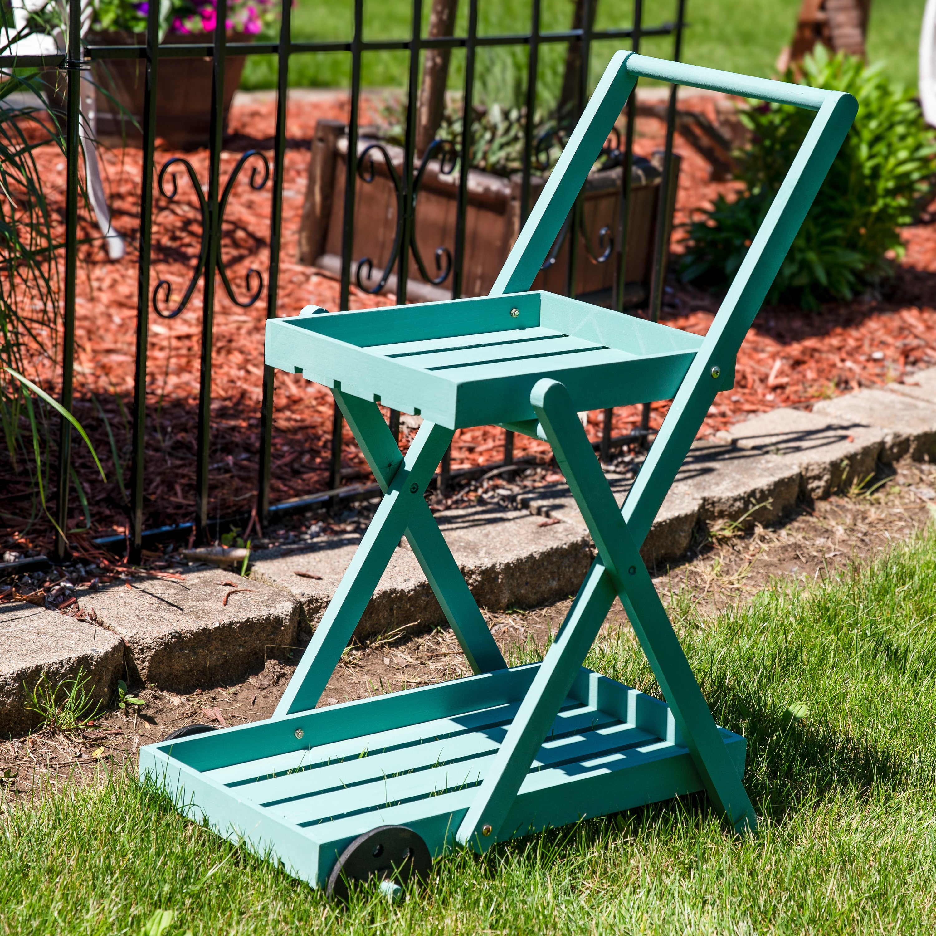 2-Tiered Flower Garden Cart by Sunnydaze - 34 Inch Height, Robin Egg Blue - Perfect for Outdoor Gardening, Patio Decor & Plant Transport