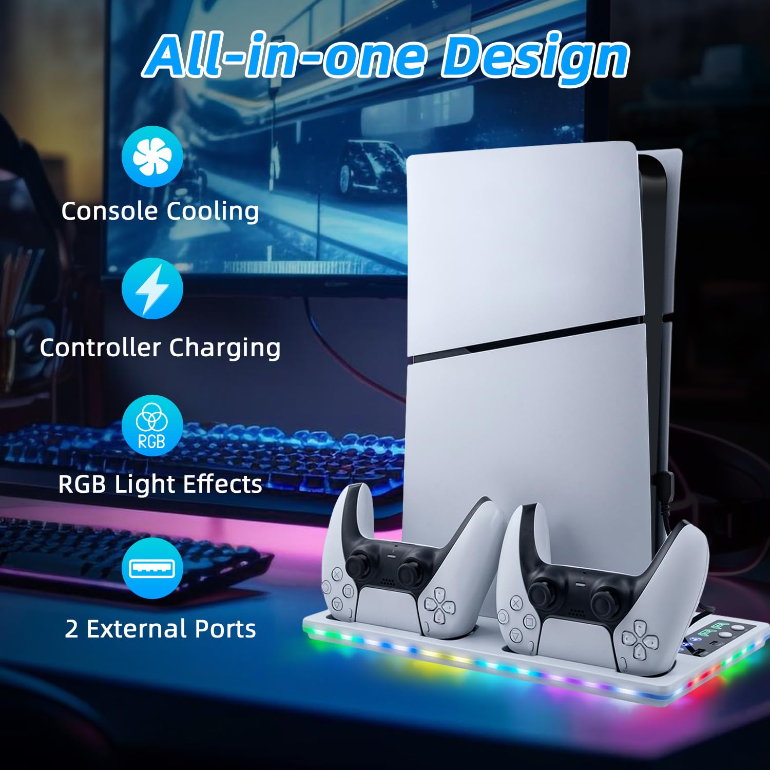 Tolesum Vertical Stand with Cooling Fan for PS5/Pro/Slim - Dual Controller Charging Station with 3-Speed Cooling & RGB Lights - Compatible with Playstation 5 UHD/Digital & PS5 Slim Disc/Digital - Perfect for Gaming Setup & Console Protection