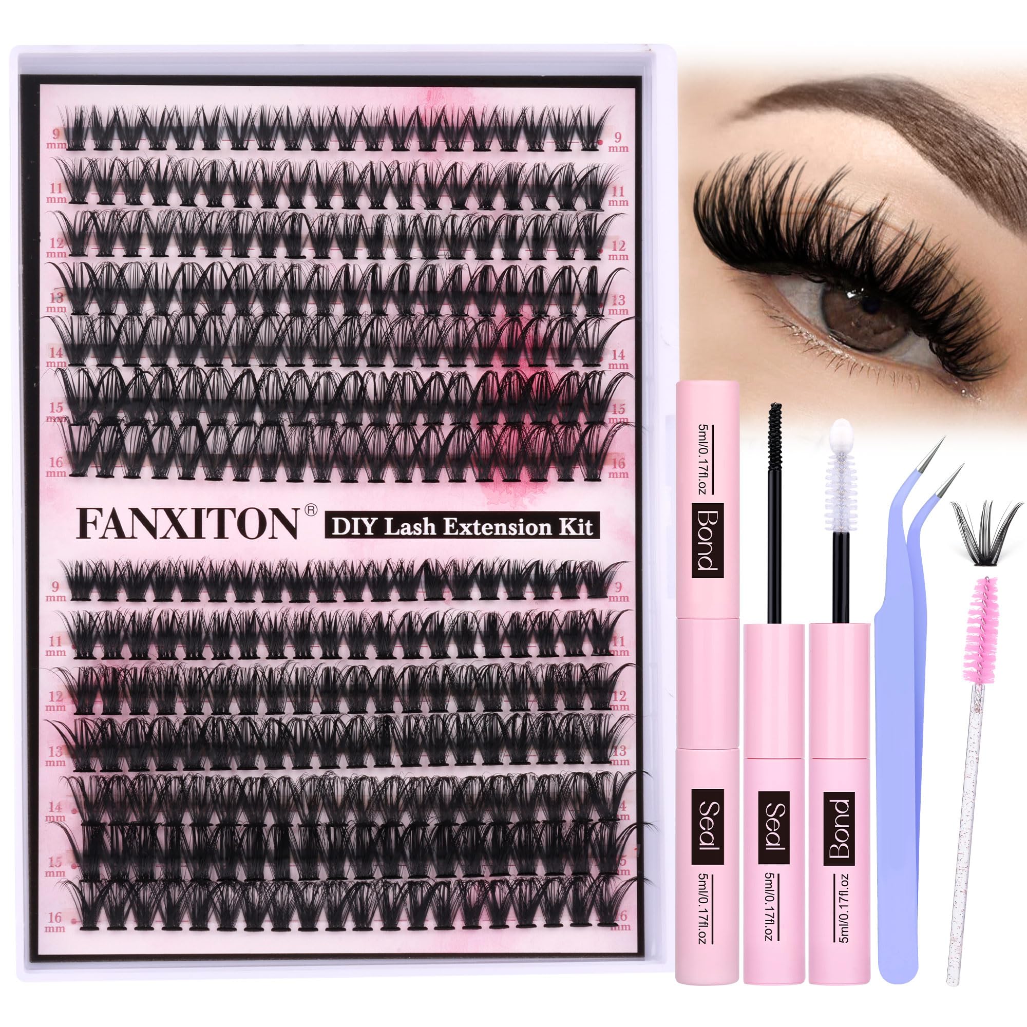 FANXITON DIY Lash Extension Kit - 280pcs Volume Eyelash Clusters (40D+50D D Curl) with Thin Band, Bond, Seal & Tweezers for Professional Salon-Like Results at Home - Perfect for Parties, Weddings & Special Occasions