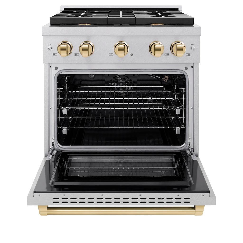 ZLINE Autograph Edition 30-inch 4.2 cu. ft. Paramount Gas Range with 4 Burner Cooktop & Convection Gas Oven - Satin Stainless Steel with Polished Gold Accents (SGRSZ 30 G) | Professional Kitchen Appliance for Home Chefs & Cooking Enthusiasts