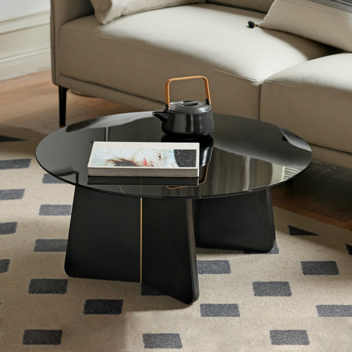 Solid Oak Wood Smoky Coffee Table with Glass Top - Modern Living Room Furniture for Home Decor