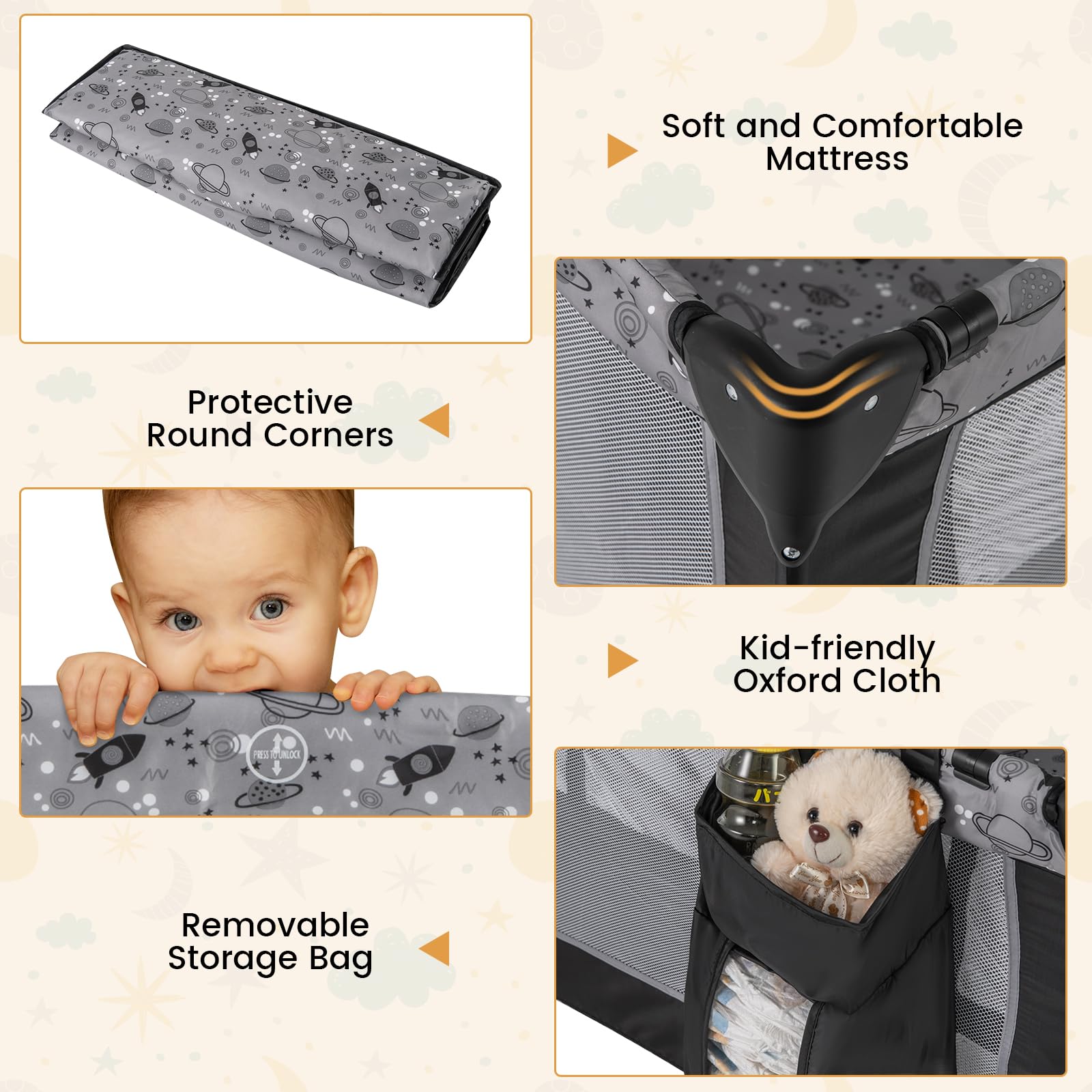 Baby Joy 3-in-1 Portable Playard with Bassinet & Changing Table - Foldable Travel Crib with Lockable Wheels, Soothing Music Box - Newborn to Toddler Bed for Nursery, Daycare & Family Travel