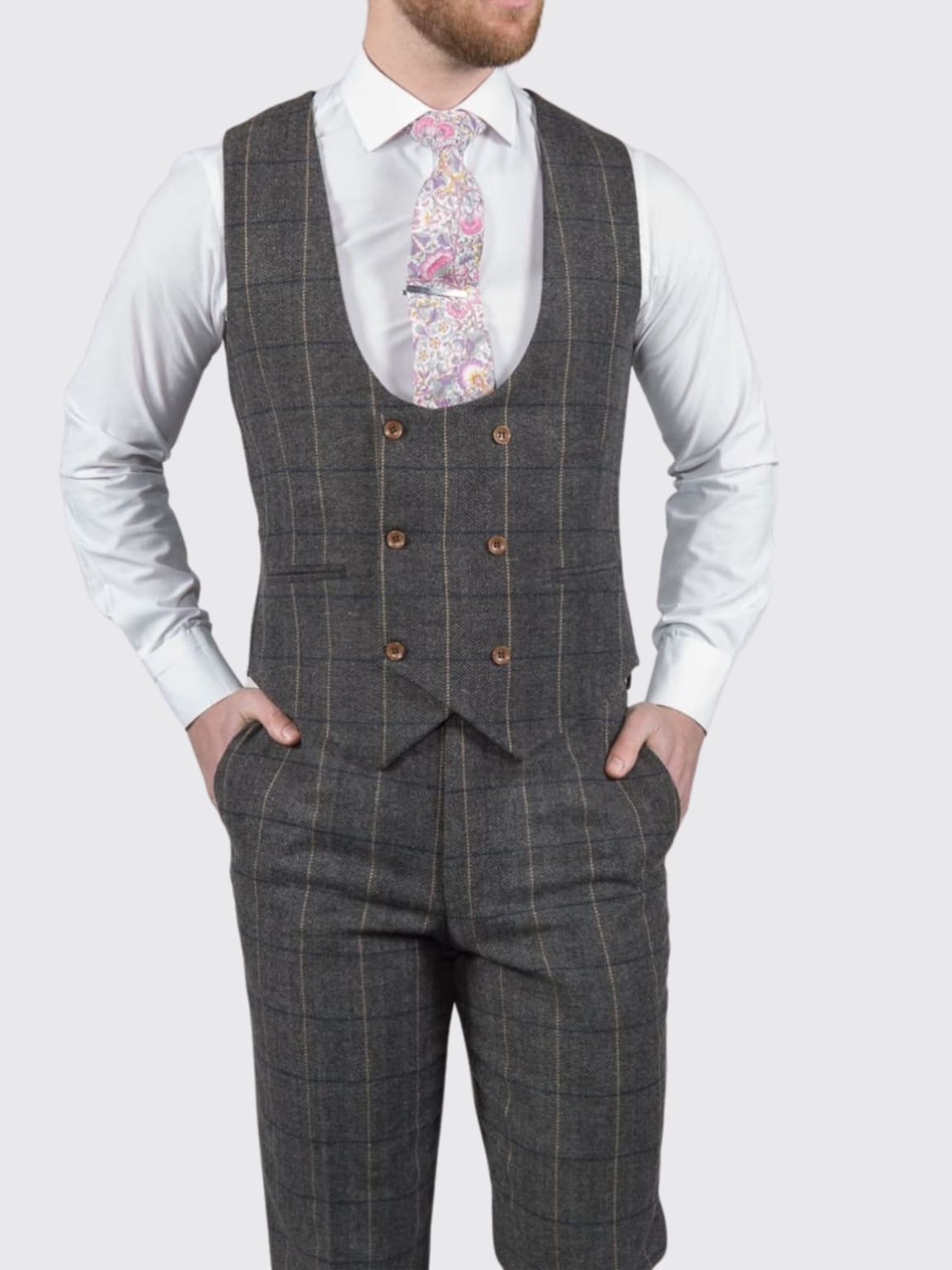 Ezra Men's Grey Herringbone Slim Fit 3 Piece Tweed Suit | Formal Business Attire for Weddings, Office & Special Occasions