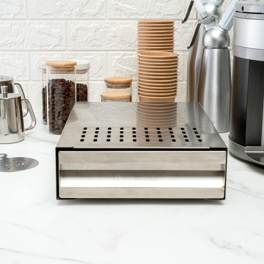 Restaurantware Restpresso 13.5 x 9.75 x 3.75 Inch Stainless Steel Espresso Knock Box with Detachable Drawer & Silicone Knock Bar - Durable Coffee Grounds Container for Baristas & Home Brewing - Perfect for Espresso Machines in Cafes, Coffee Shops & Home Kitchens