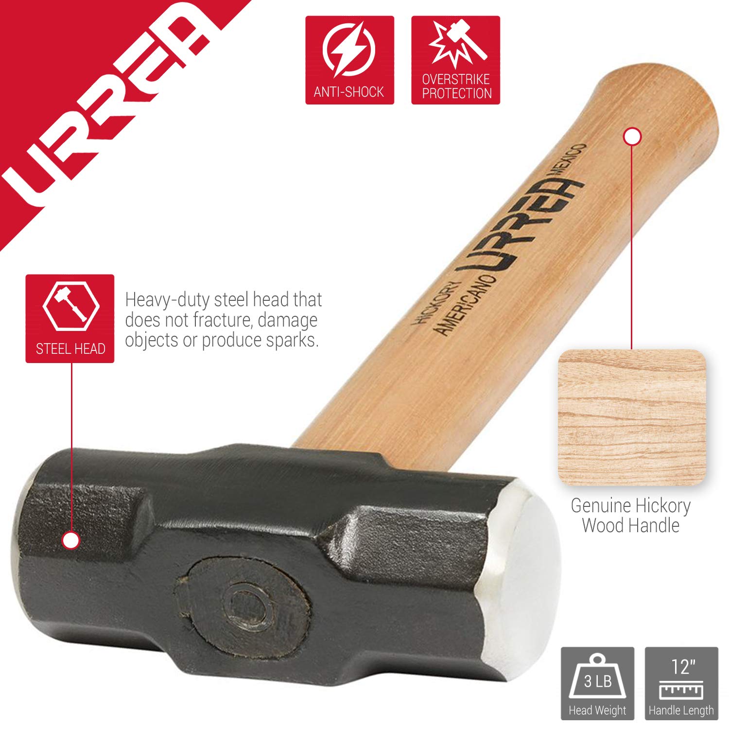 URREA 3-Pound Steel Head Sledge Hammer with Forged Striking Head & Hickory Wood Handle - Heavy Duty Drilling Hammer (1434G) - Perfect for Construction, Demolition, and Metalworking Projects