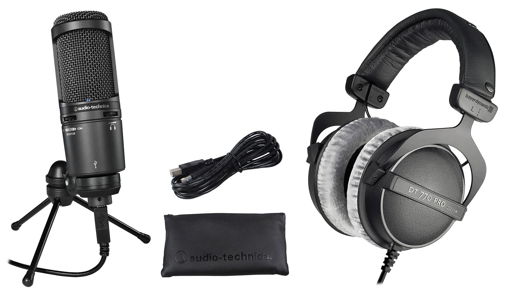 Audio Technica AT2020USB+ Cardioid Condenser USB Microphone with Studio Headphones - Perfect for Podcasting, Streaming, Voice Recording & Home Studio Setup