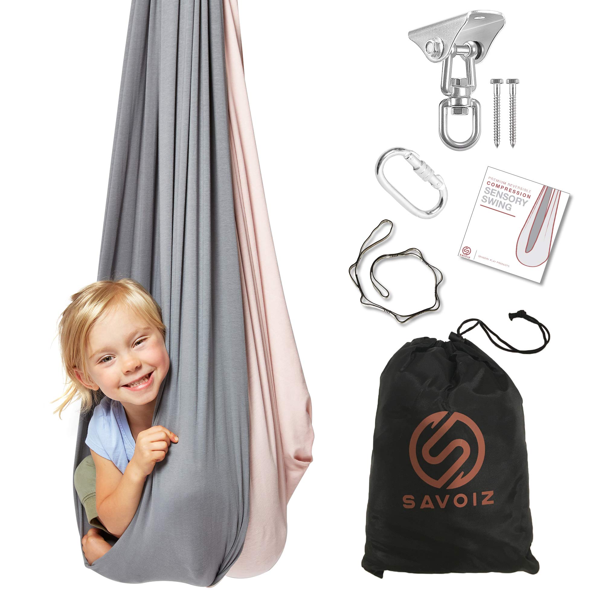 SAVOIZ Sensory Swing for Autism, ADHD & Aspergers Therapy - Double Layer Reversible Pink/Grey Hammock with Hardware - Indoor & Outdoor Kids Sensory Swing for Calming, Focus & Relaxation