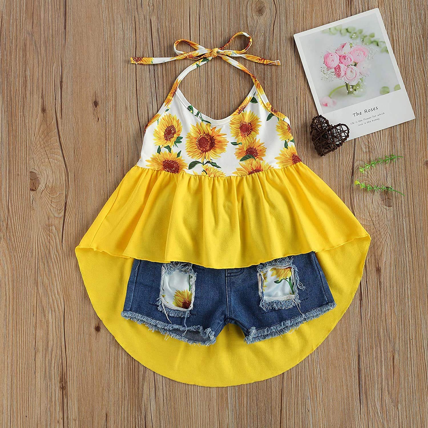 Boho Sunflower Crop Top & Distressed Denim Shorts Set for Toddler Girls | Summer Outfit for Playdates, Beach & Casual Wear