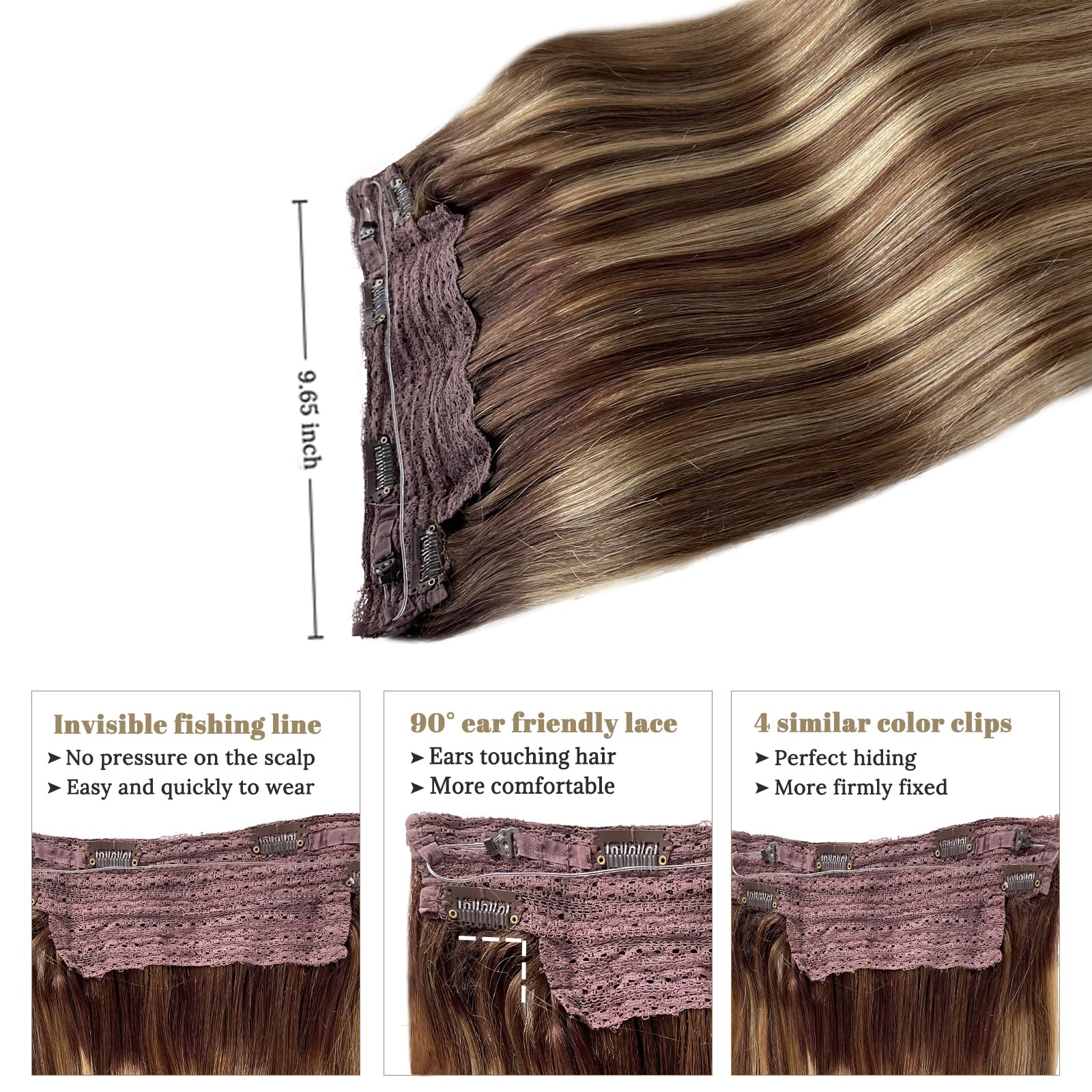 Halos 22Inch 100g Invisible Wire Real Human Hair Extensions - Strawberry Blonde Ombre Medium Brown - Natural Looking Hair Extensions for Volume & Length | Perfect for Parties, Weddings & Everyday Styling