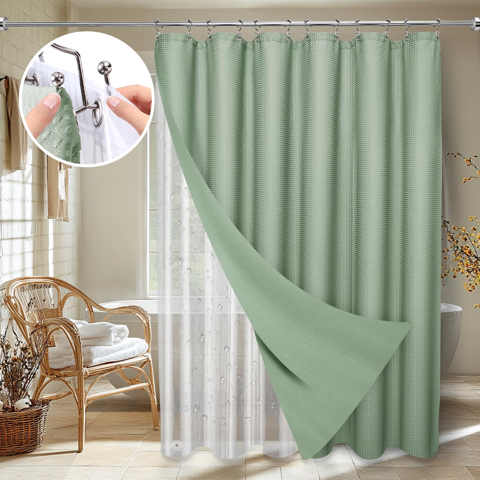 Waffle Weave Shower Curtain Set with Fabric Liner & Clear Plastic Liner - Includes 12 Rustproof Stainless Steel Hooks for Bathroom Decor - Perfect for Modern, Farmhouse & Spa-Style Bathrooms