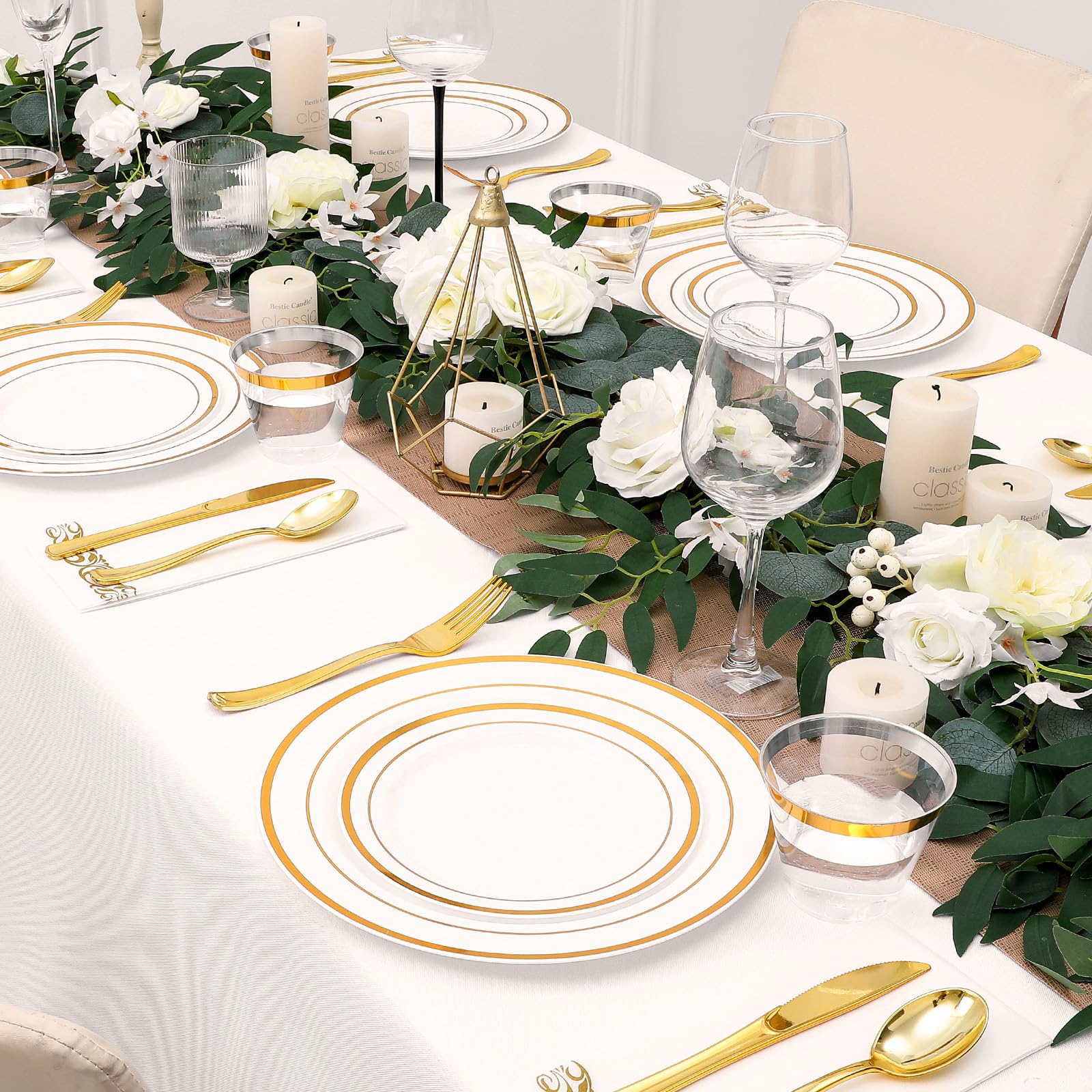 350-Piece Gold Rim Disposable Plastic Dinnerware Set for 50 Guests - Elegant Party & Wedding Tableware Includes Dinner Plates, Dessert Plates, Gold Silverware, Napkins & Cups - Perfect for Banquets, Bridal Showers, Anniversary Celebrations & Formal Events