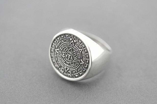 Mayan Calendar Signet Ring - 925 Sterling Silver Zodiac Jewelry for Men & Women - Perfect for Gifts, Spiritual Healing & Astrology Enthusiasts
