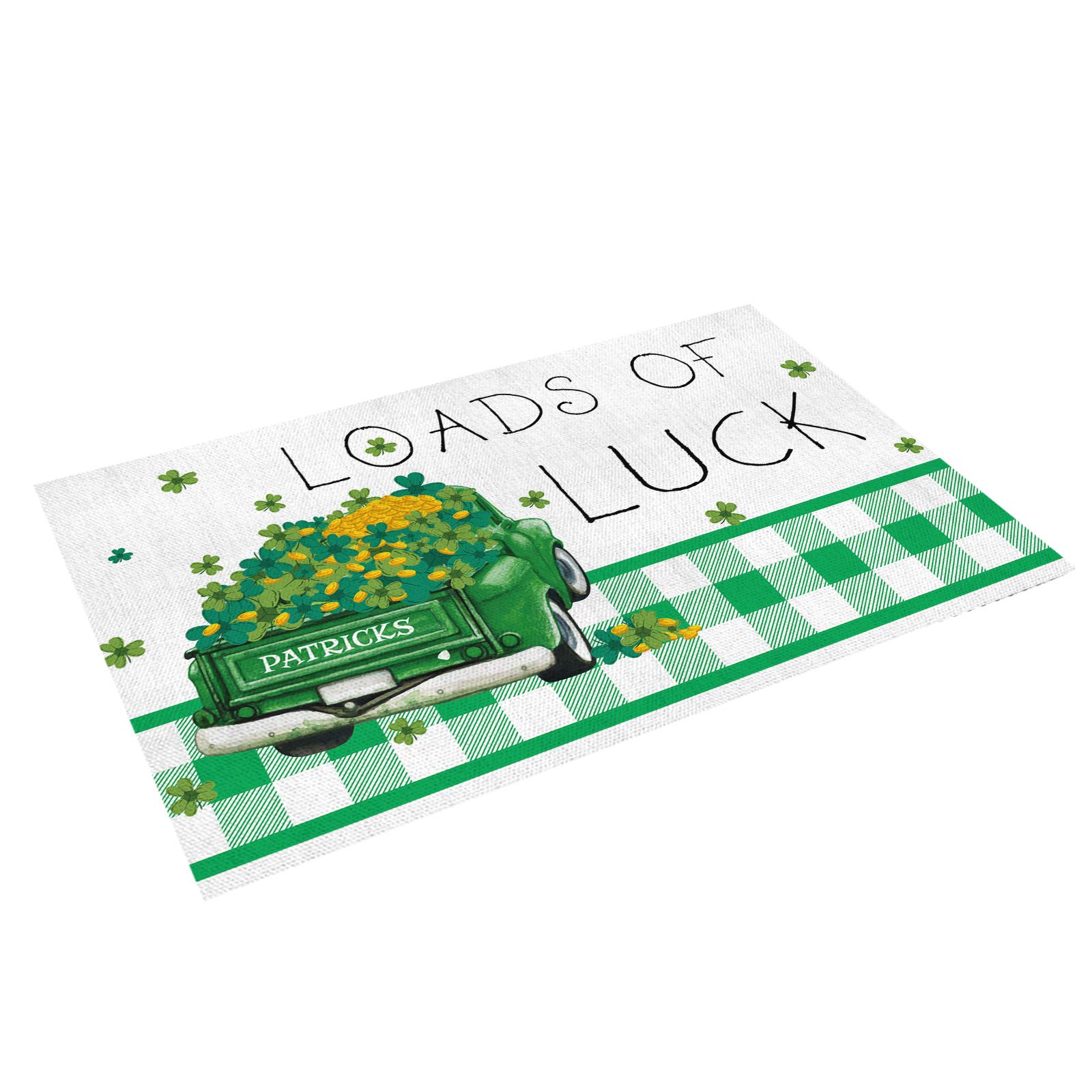 4-Pack Heat & Stain Resistant Placemats for Kitchen Dining Table - St. Patrick's Day Truck Load of Luck Shamrock Green Plaid Design - Easy to Clean - Perfect for Holiday Parties, Family Dinners & Everyday Use