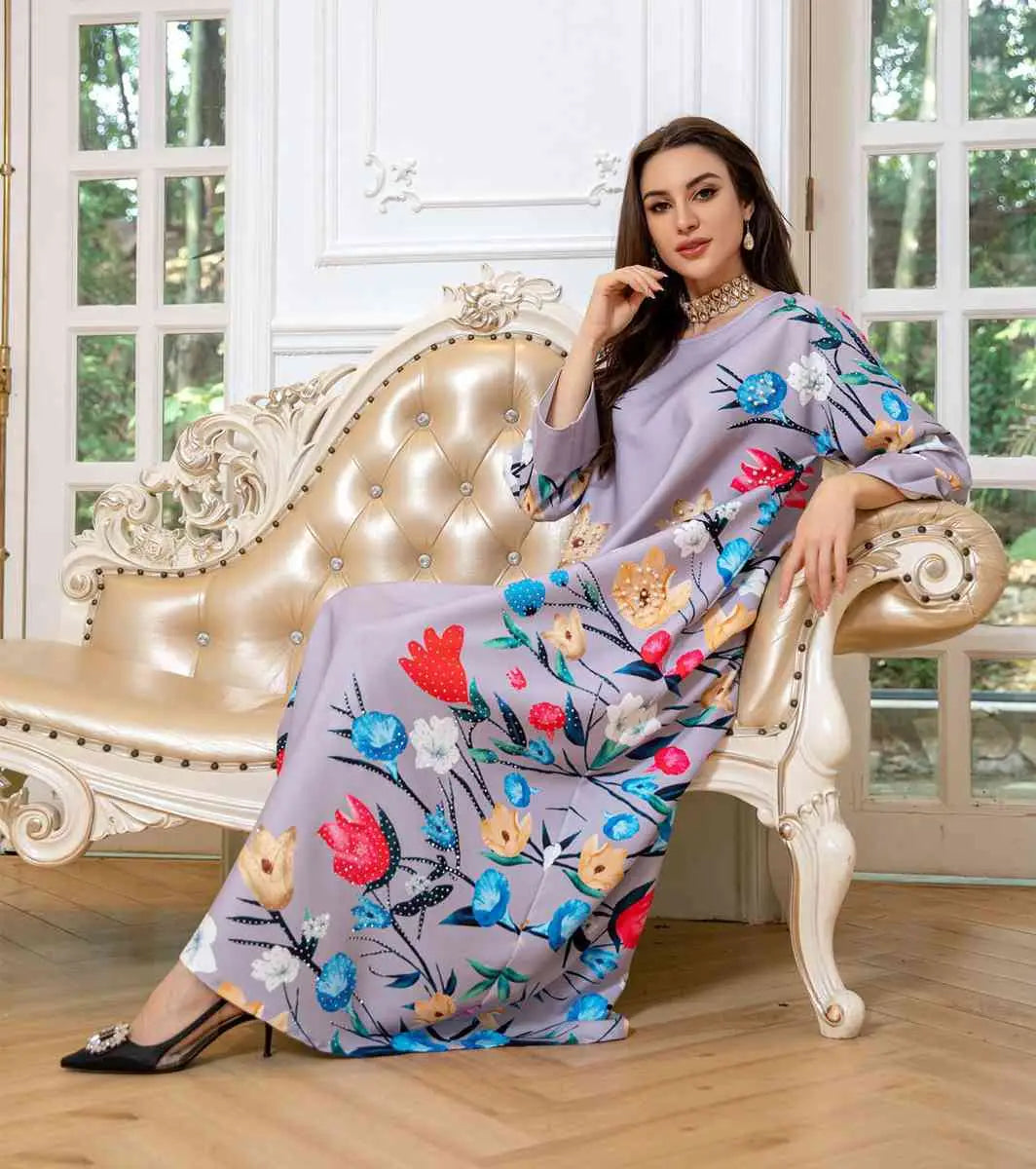 Elegant Eid Dress for Women - Arab Printed Kaftan Caftan Abaya Dress with Long Sleeves - Perfect for Eid Celebrations, Weddings & Special Occasions