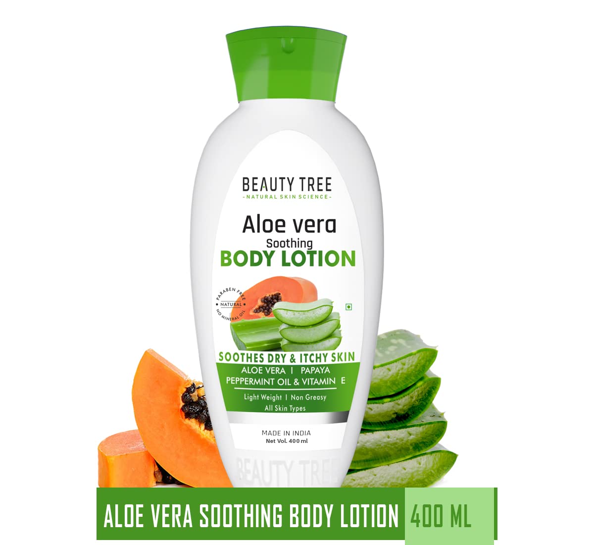 BEAUTY TREE Aloe Vera Soothing Body Lotion with Papaya, Peppermint Oil & Vitamin E - Lightweight Moisturizer for All Skin Types - 400ml - Perfect for Dry Skin Relief & Daily Hydration After Shower