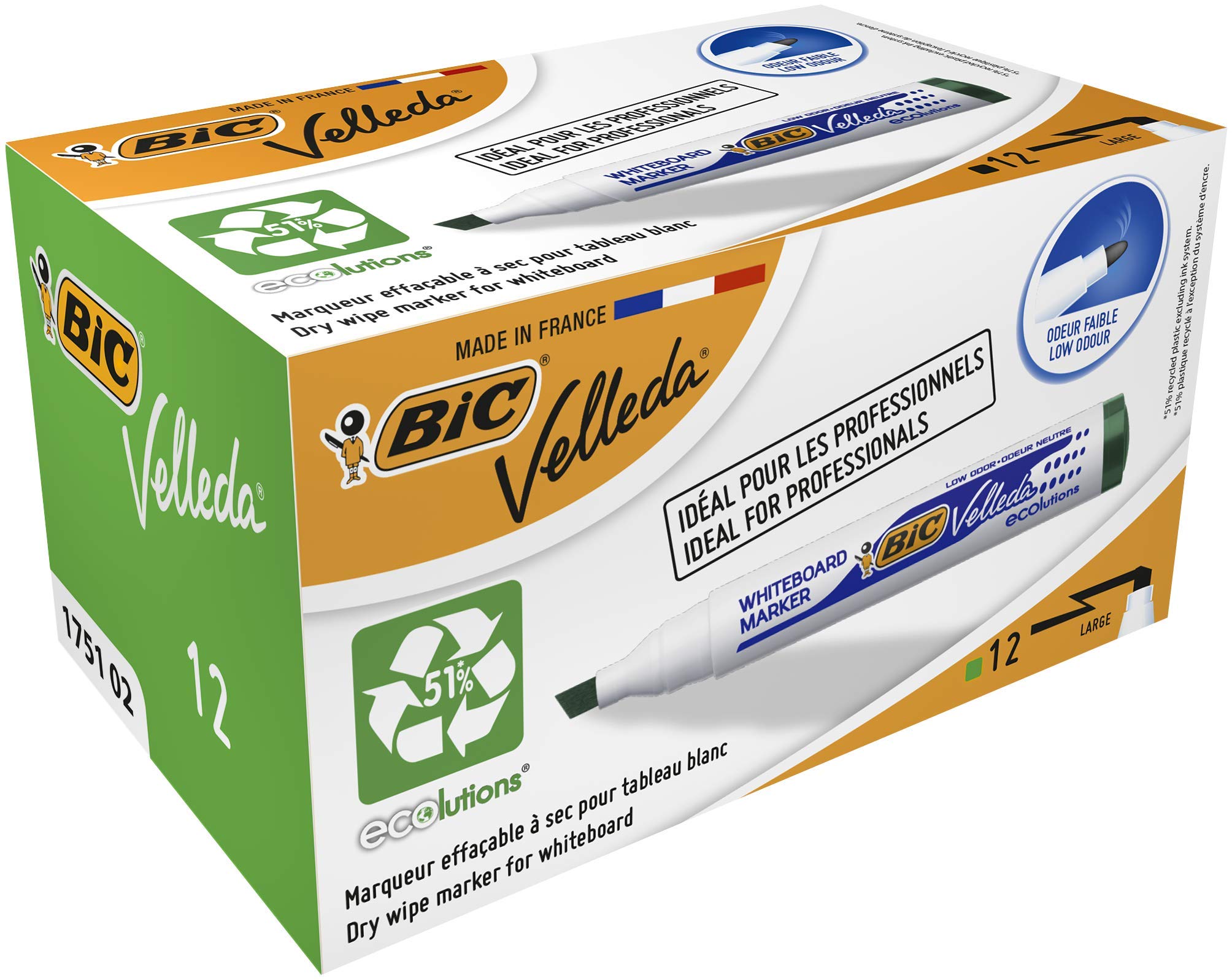 Bic Velleda 1751 ECOlutions Dry Erase Markers - 12 Pack, Low Odor Whiteboard Markers for Office, Classroom & Home Use (Green)