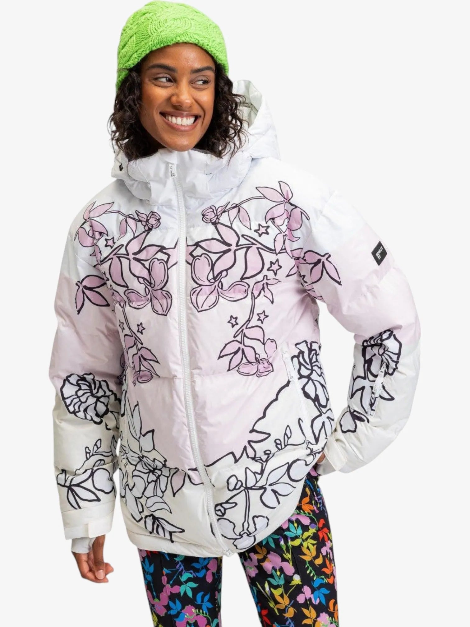Roxy Rowley Puffer Jacket - Women's Snow Coat with Pink & White Print - Warm Winter Outerwear for Skiing, Snowboarding & Cold Weather Adventures